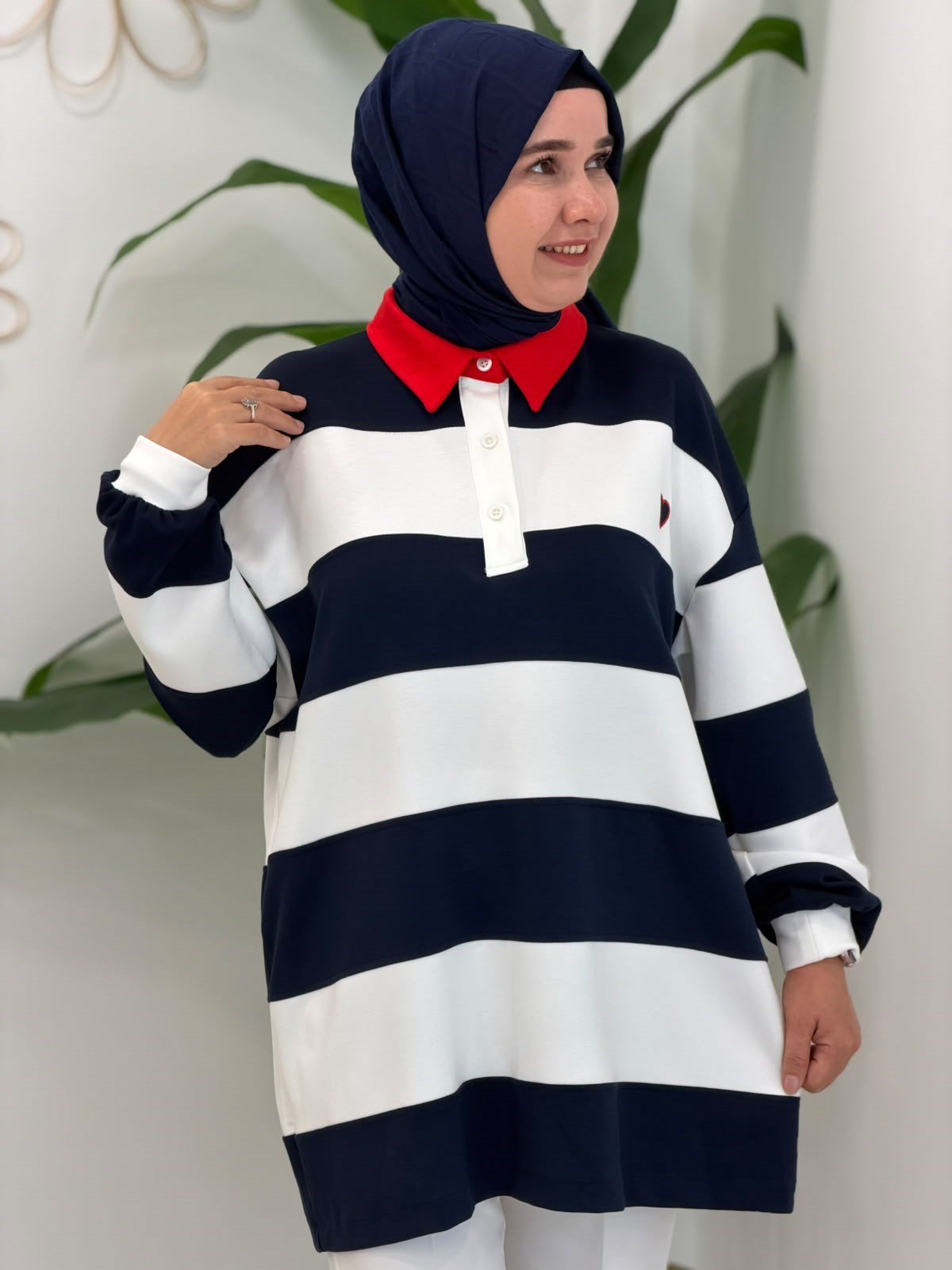 Lacivert Polo Yaka Kalın Çizgili Sweatshirt