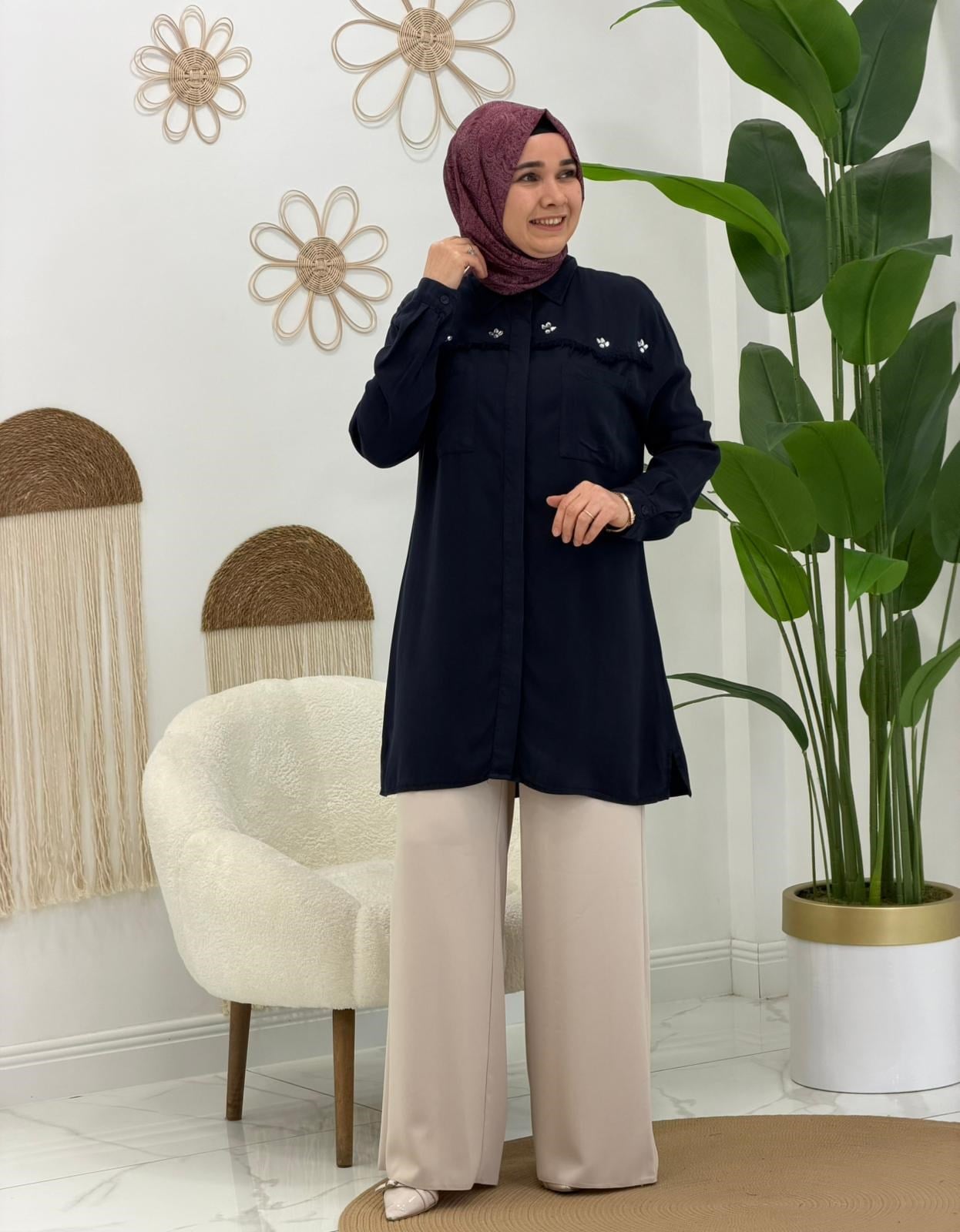 Lacivert Roma Taşlı Tunik