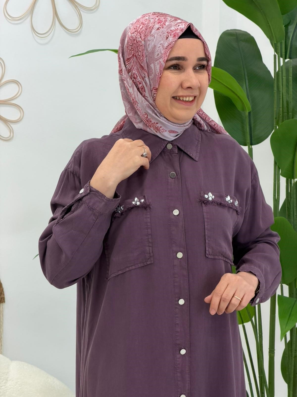 Lila Cebi Taşlı Tensel Tunik