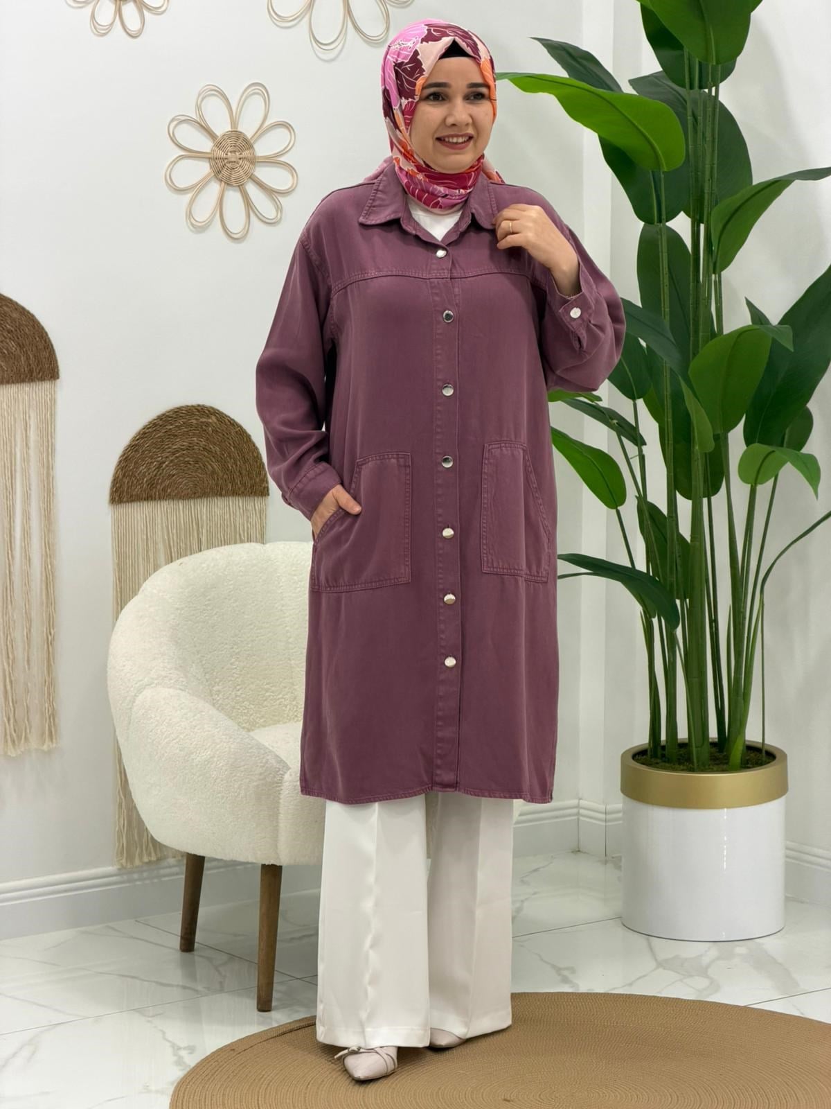Lila Düğmeli Tunik