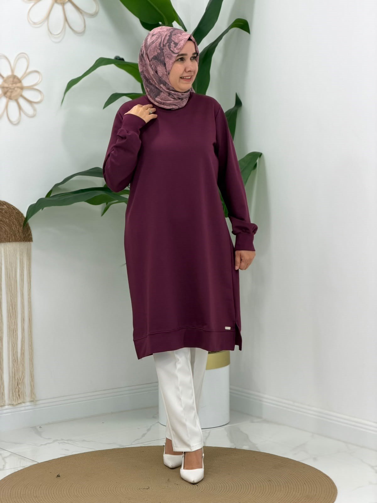 Mürdüm İki İplik Uzun Sweatshirt