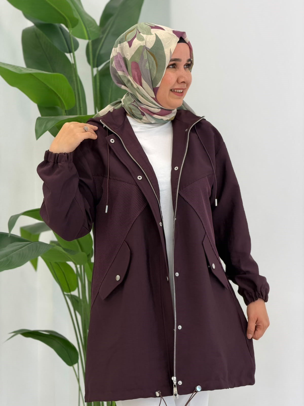 Mürdüm Kapüşonlu Çıtçıt Detaylı Kap