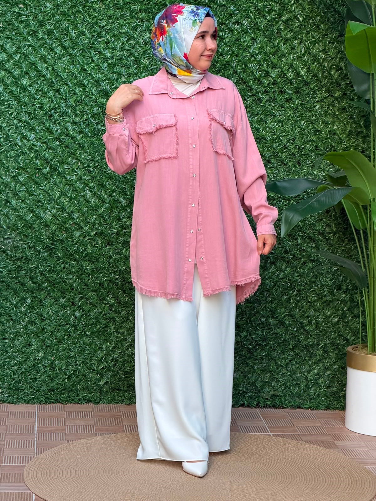 Pembe Çift Cepli Püsküllü Tunik