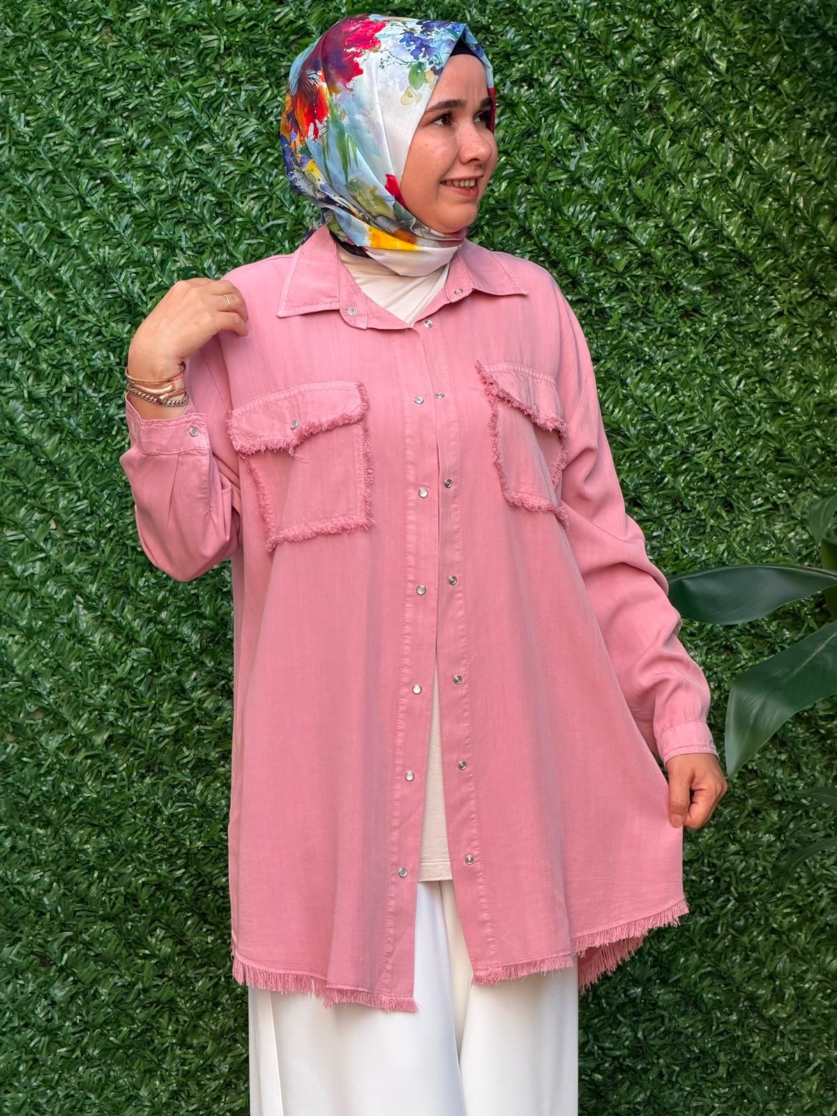 Pembe Çift Cepli Püsküllü Tunik