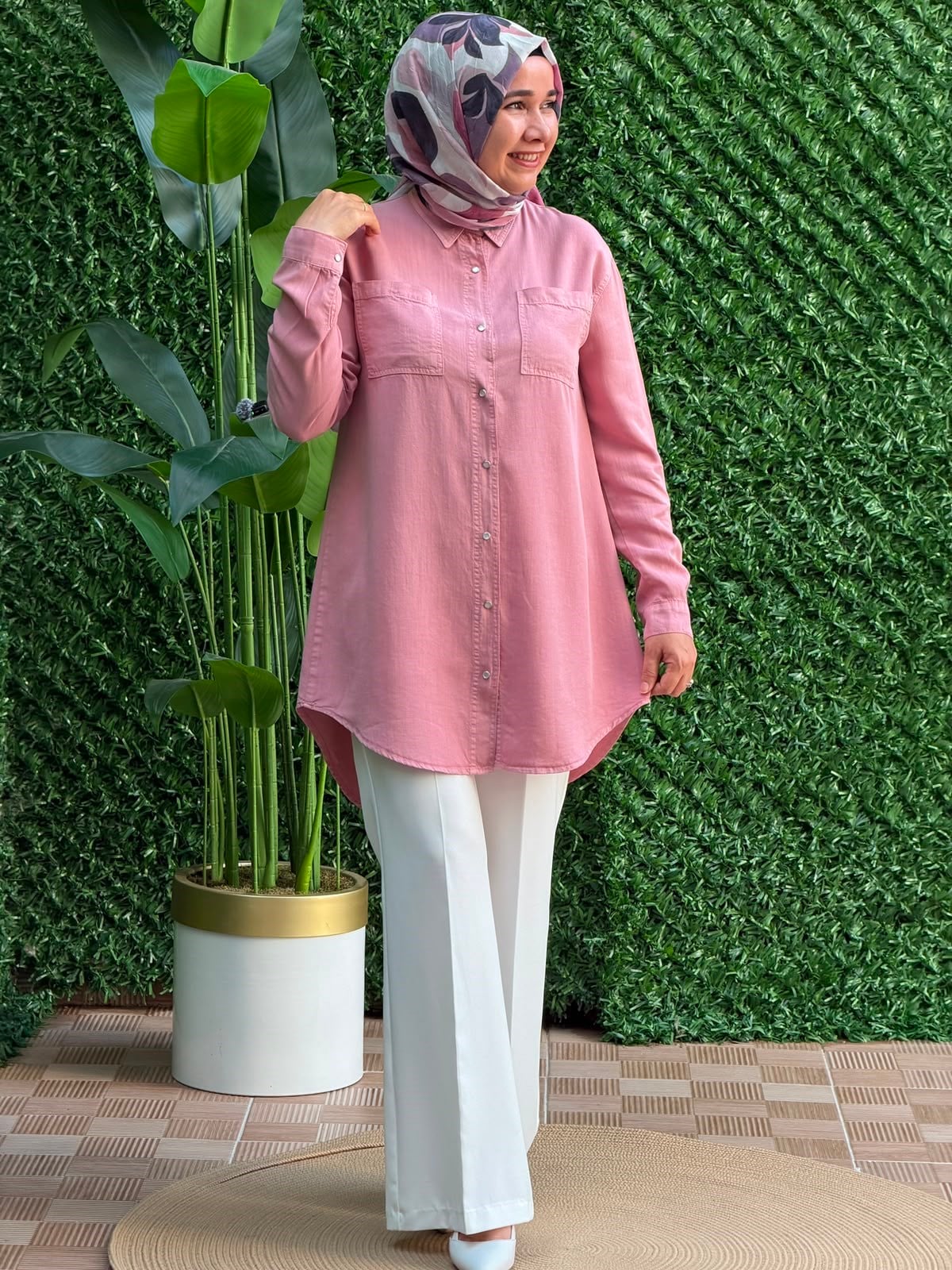 Pembe Yaz Enerjisi Çift Cepli Gömlek Tunik