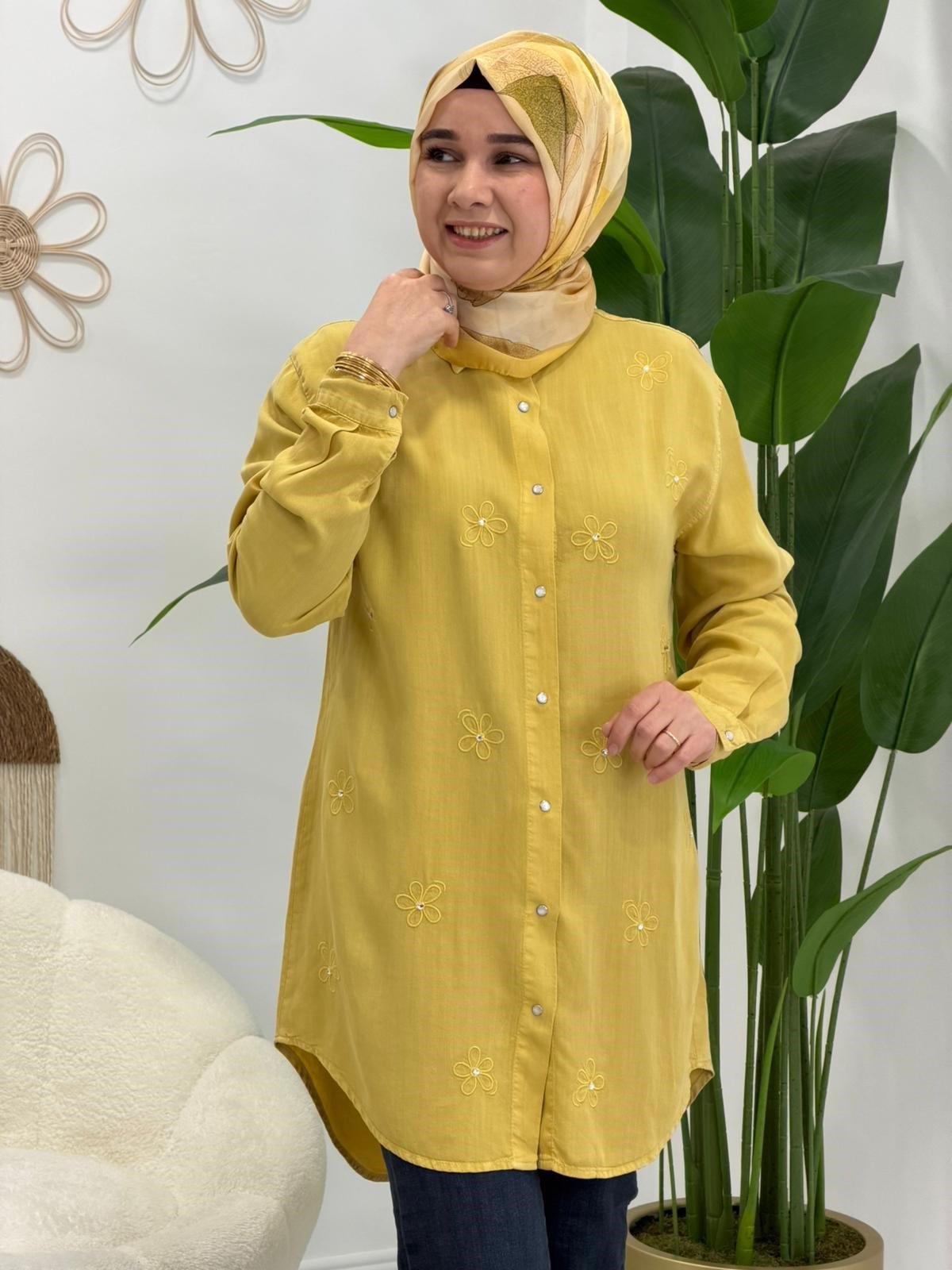 Sarı Papatya Taşlı Tunik