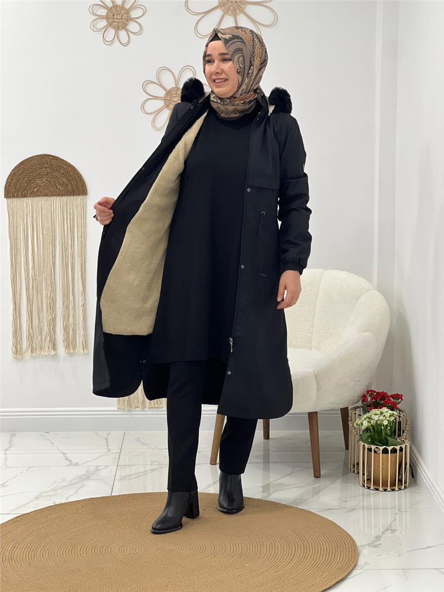 Siyah Bondit Kumaş Parka