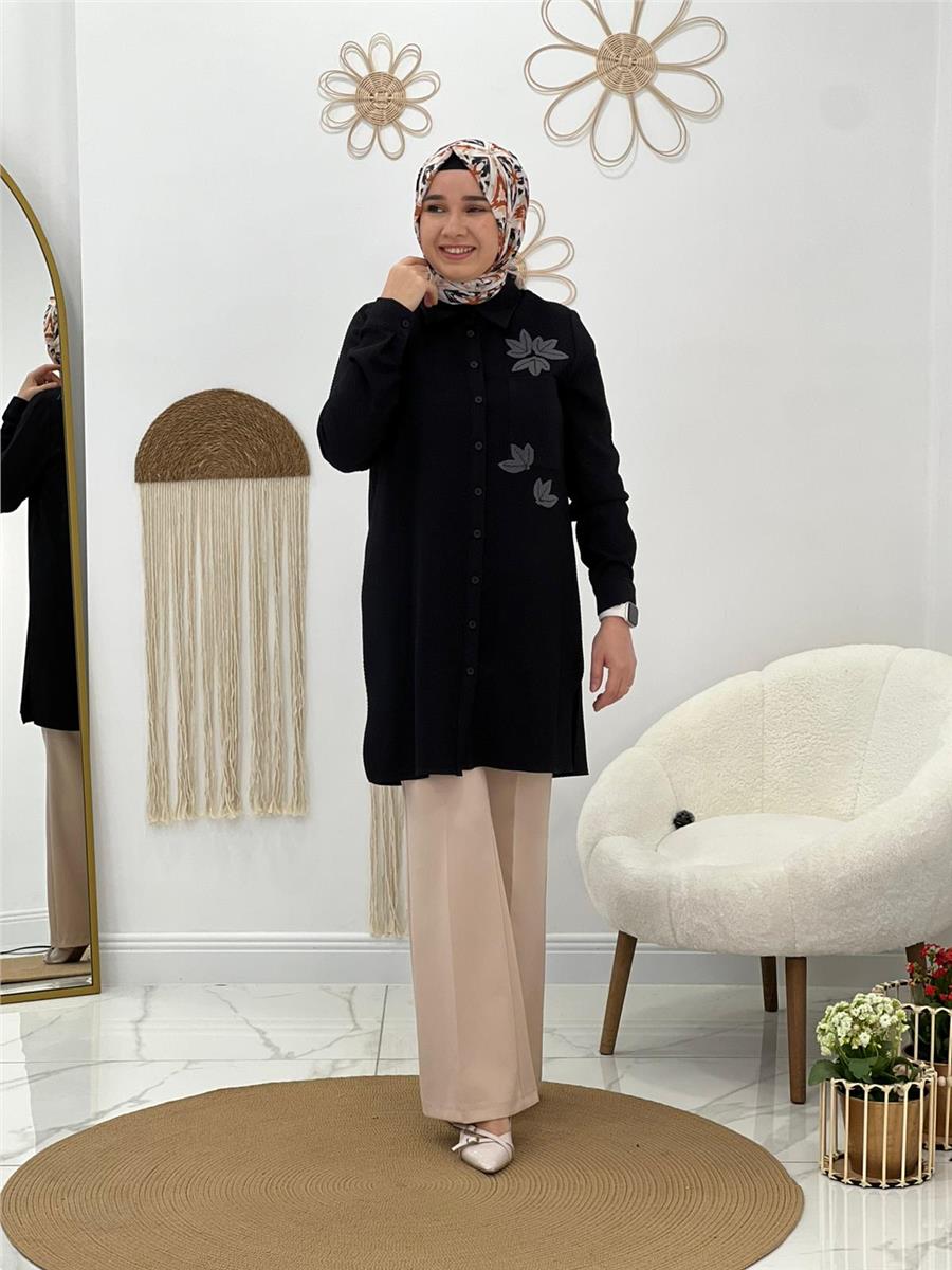Siyah Çiçek Desen Tunik