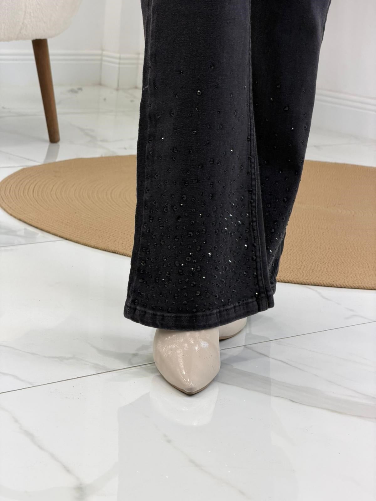 Siyah İspanyol Paça Taşlı pantolon