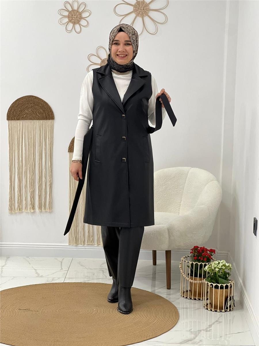 Siyah Kemerli Deri Yelek