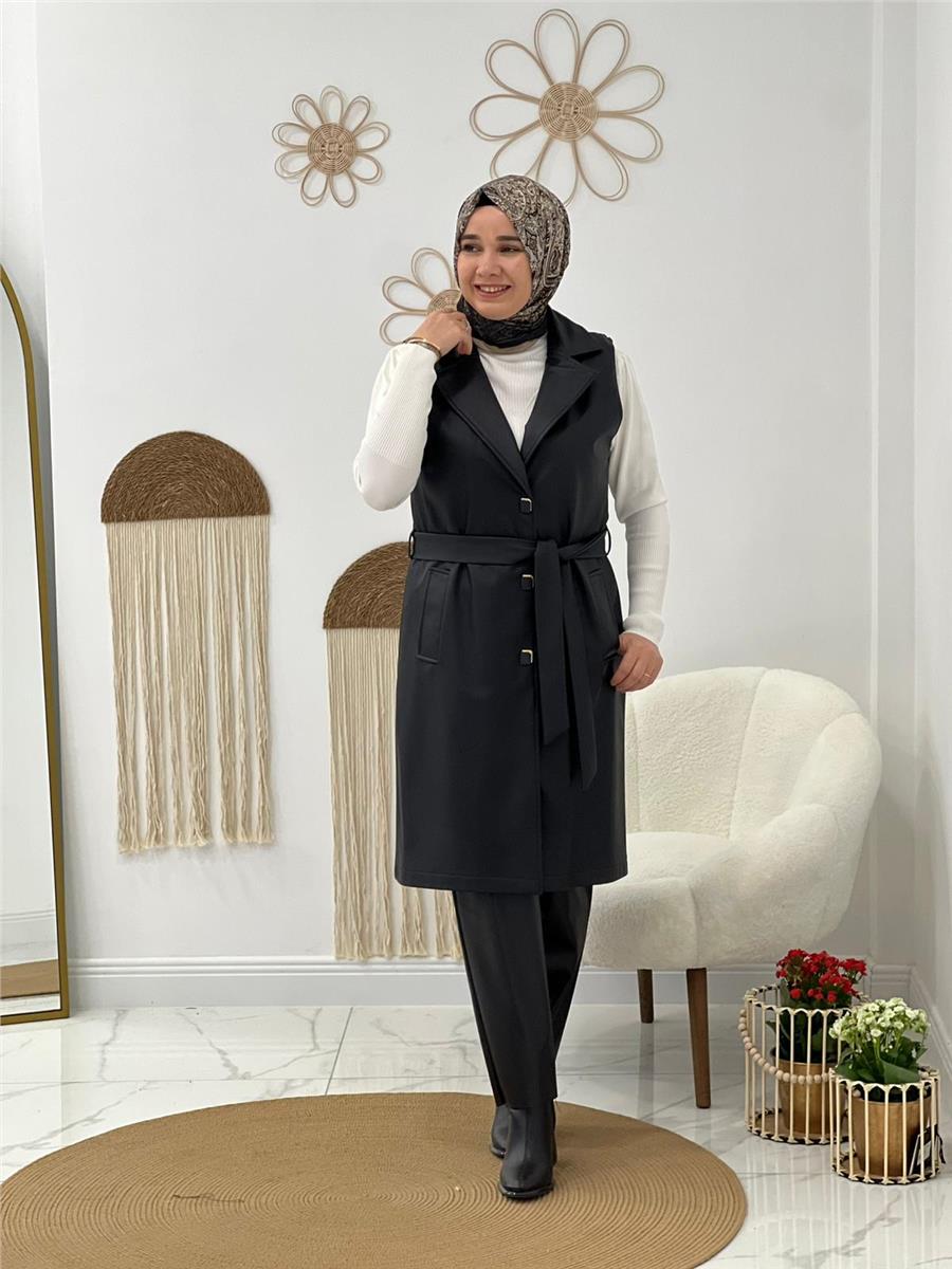 Siyah Kemerli Deri Yelek