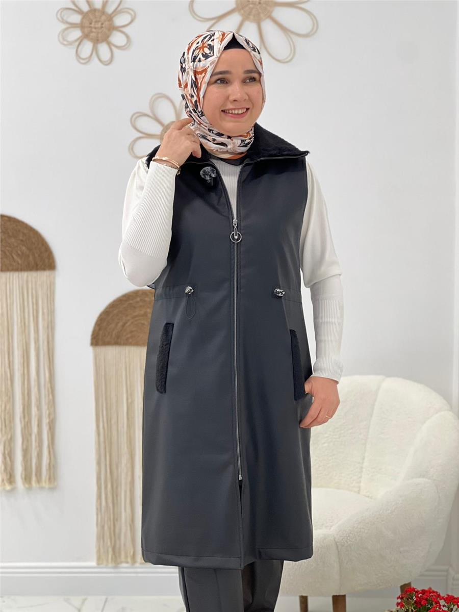 Siyah Yaka Kürklü Deri Yelek