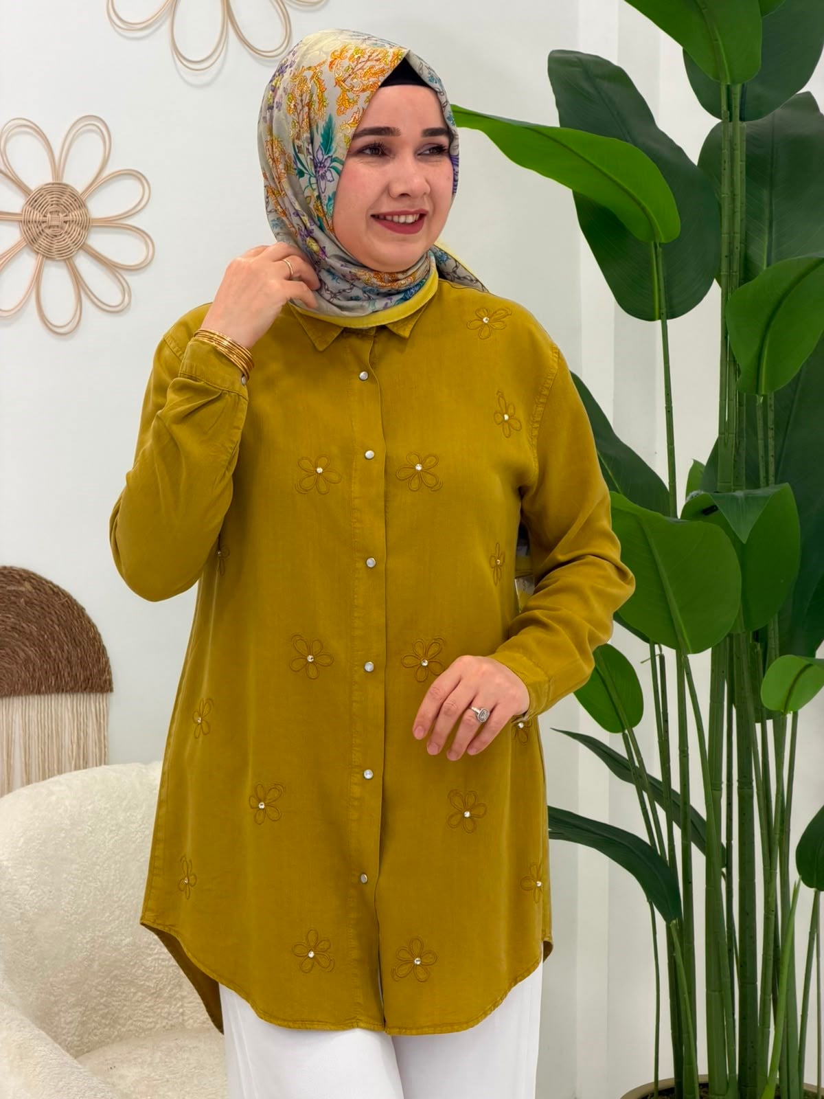 Yağ Yeşil Papatya Desenli Tunik