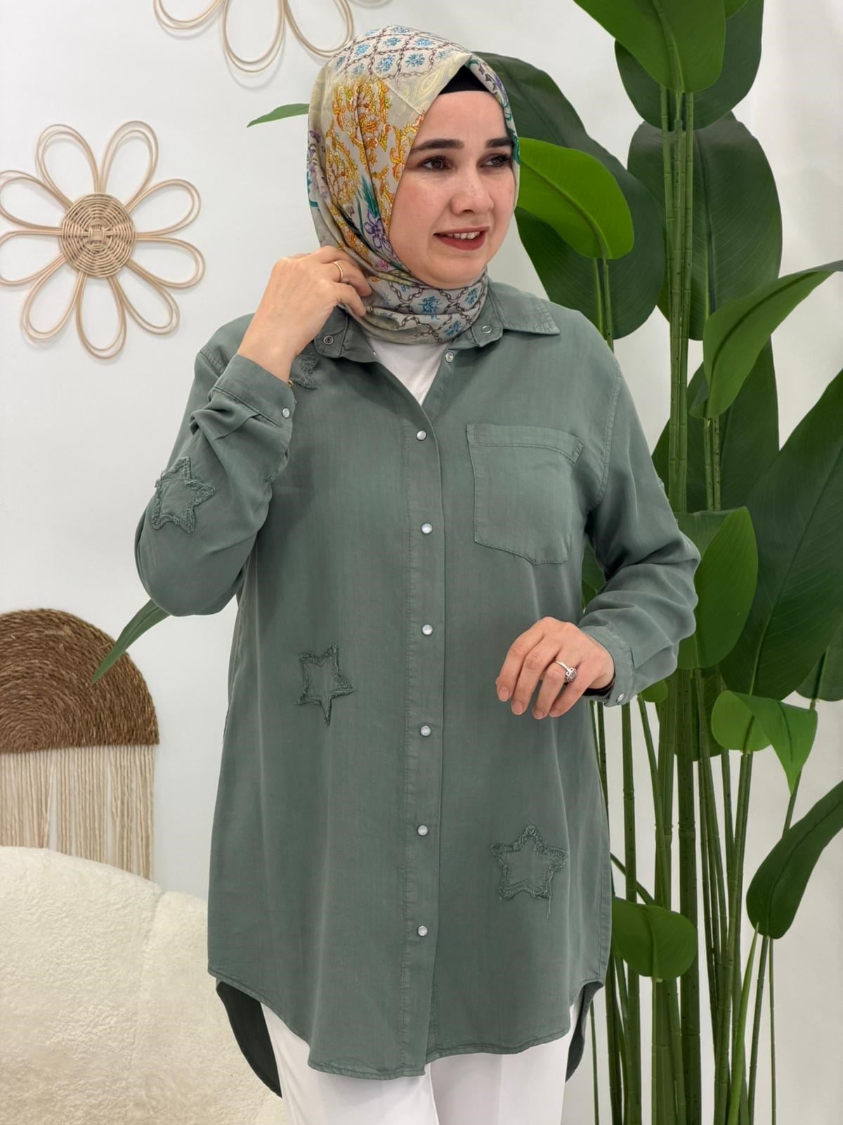Yağ Yeşili Yıldız Tunik