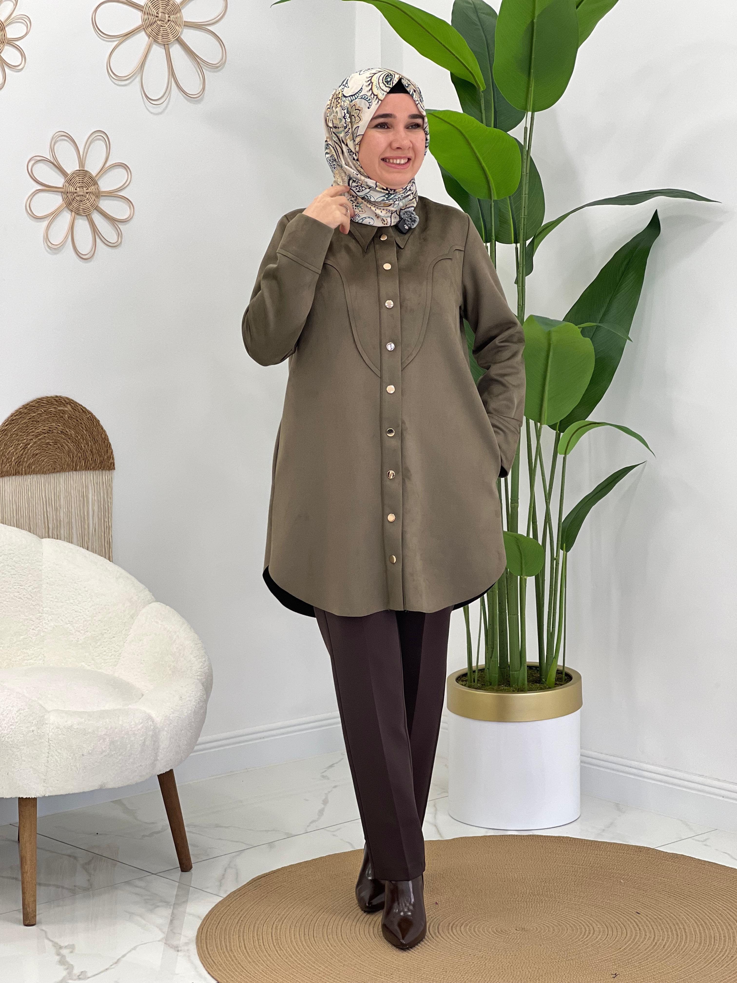 Yeşil Süet Çıtçıtlı T unik