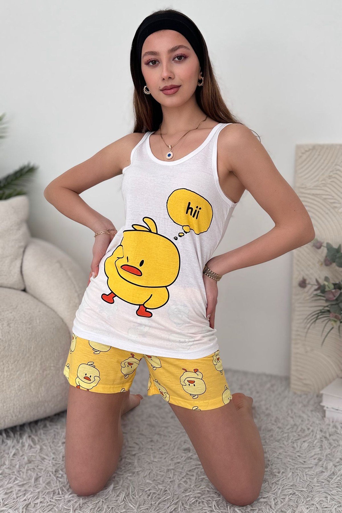 Beyaz Kırmızı Pamuklu Şort Atlet Kadın Pijama Takımı