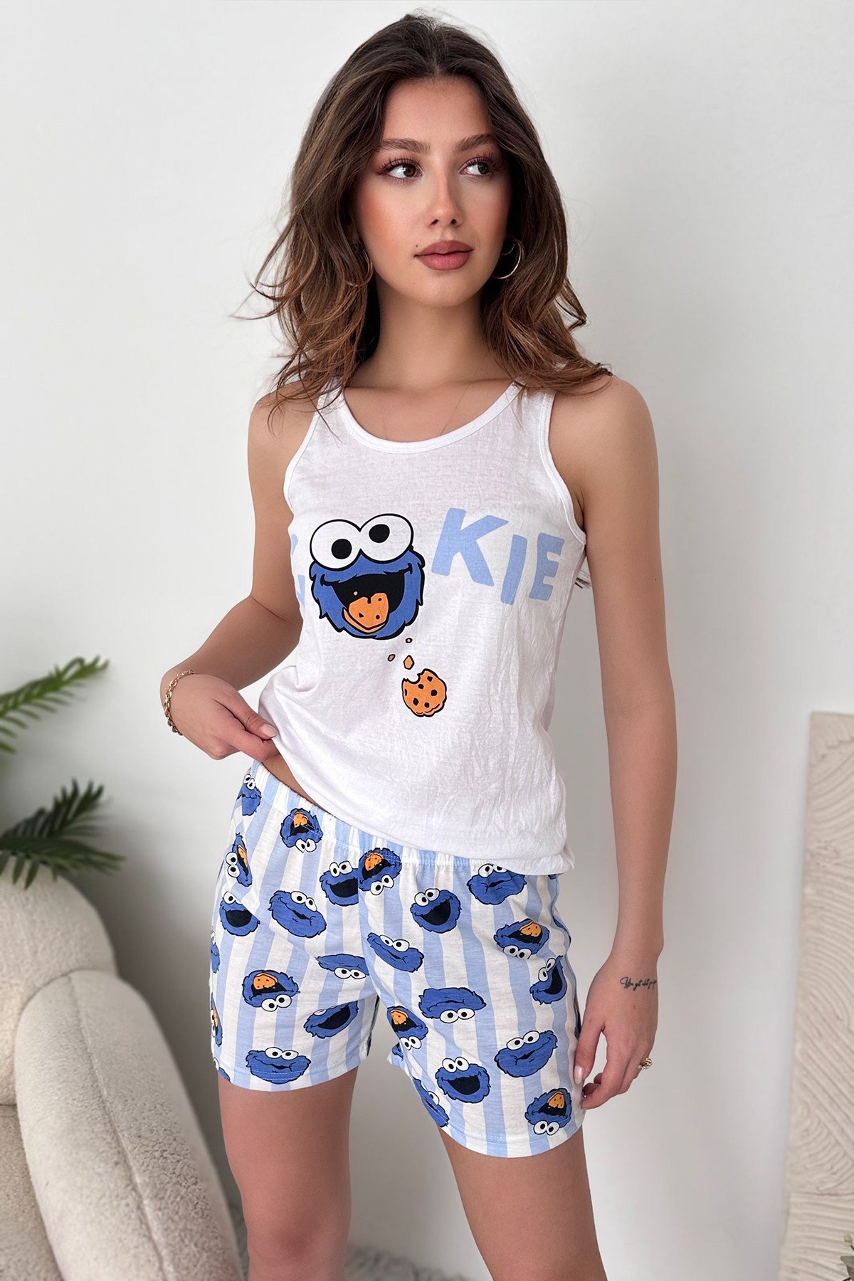 Beyaz Kırmızı Pamuklu Şort Atlet Kadın Pijama Takımı