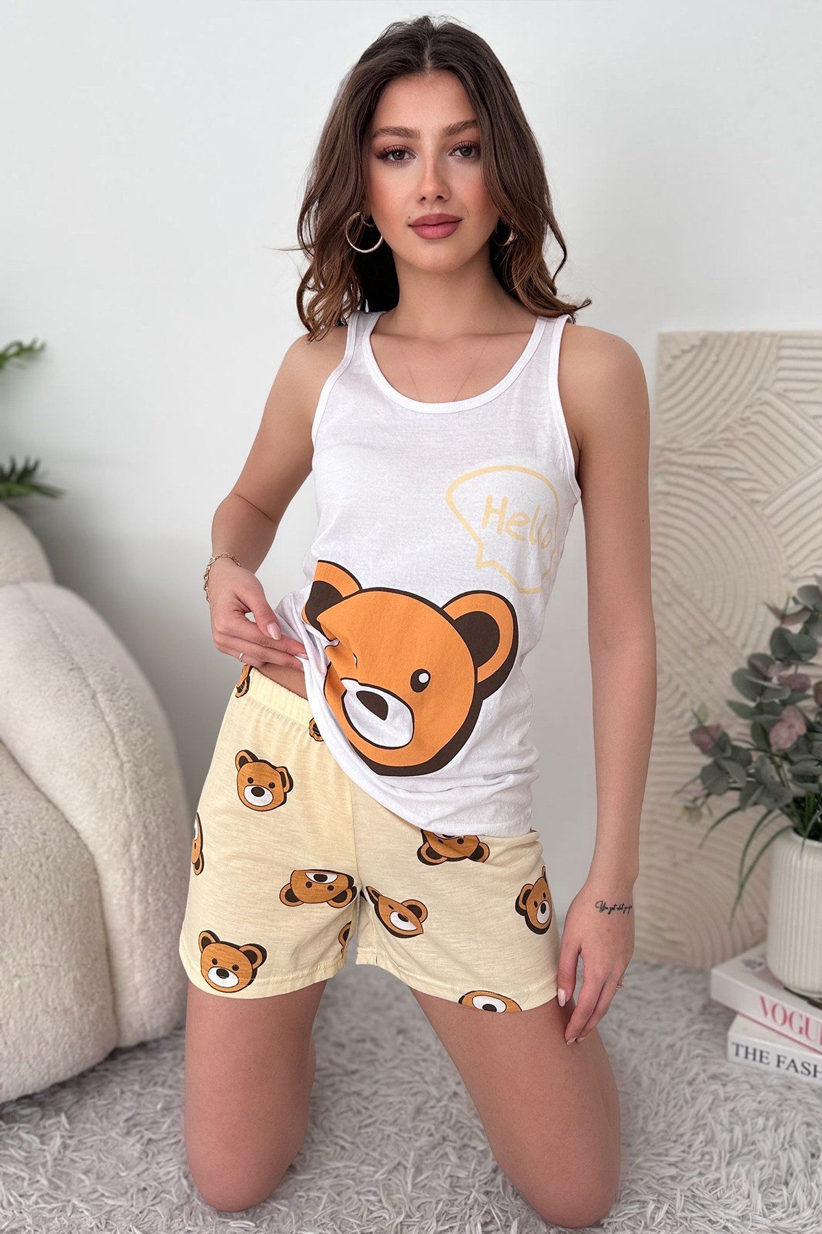 Beyaz Kırmızı Pamuklu Şort Atlet Kadın Pijama Takımı