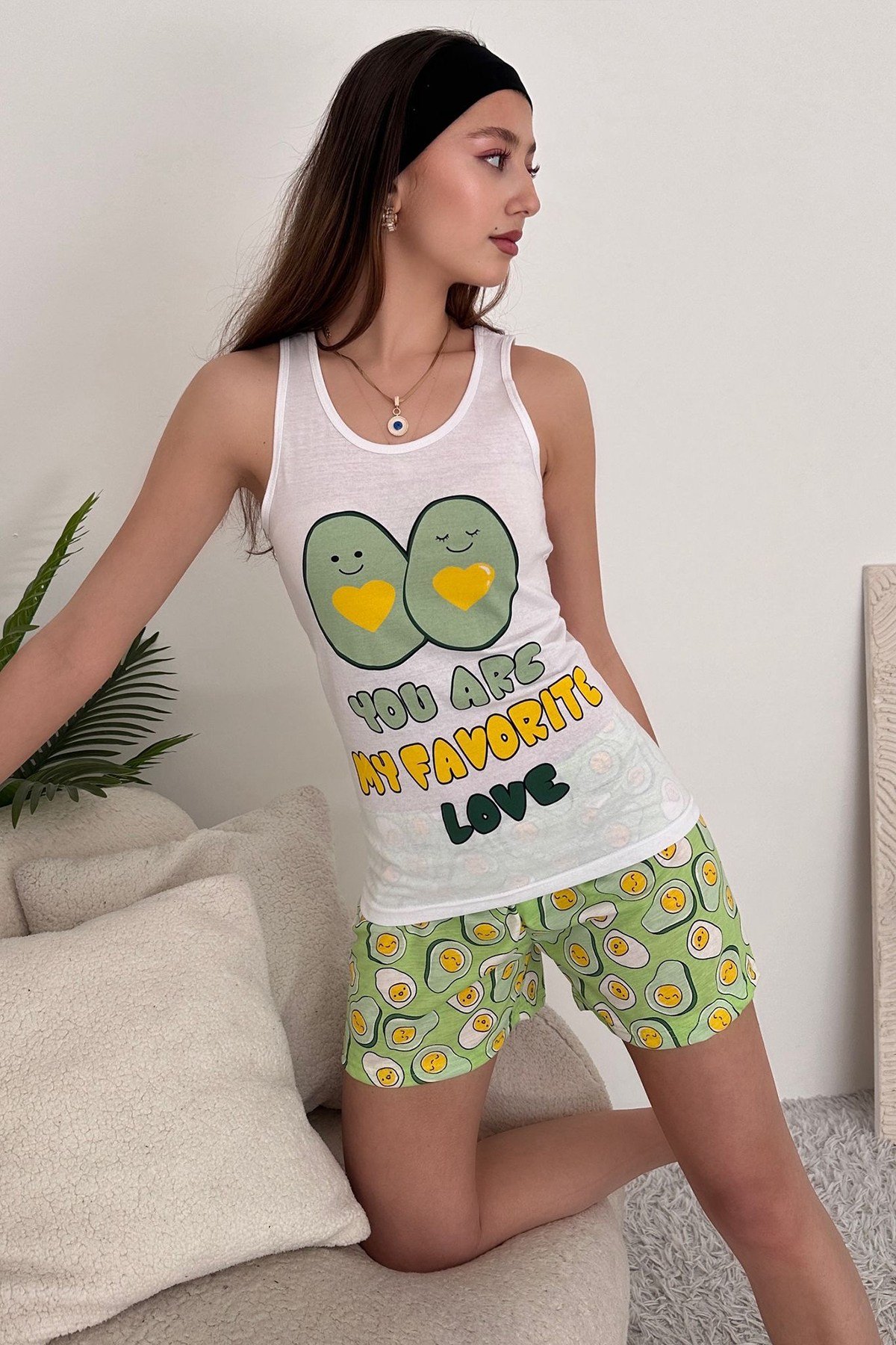 Beyaz Kırmızı Pamuklu Şort Atlet Kadın Pijama Takımı