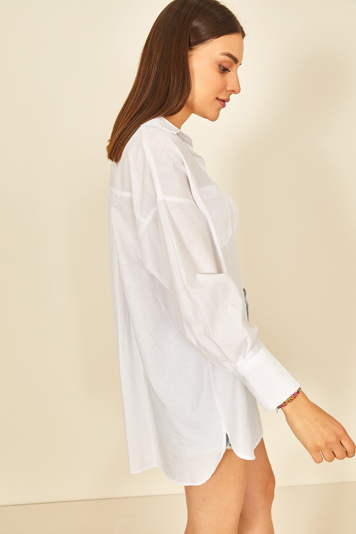 Beyaz Poplin Oversize Kadın Gömlek