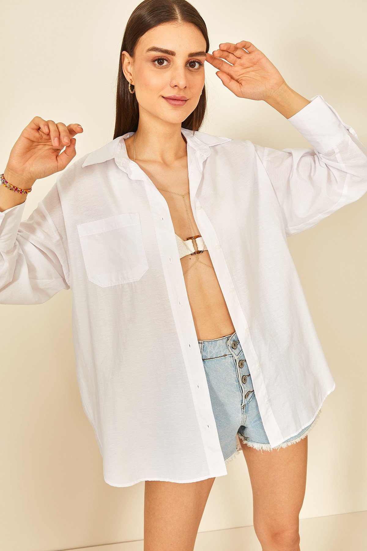 Beyaz Poplin Oversize Kadın Gömlek