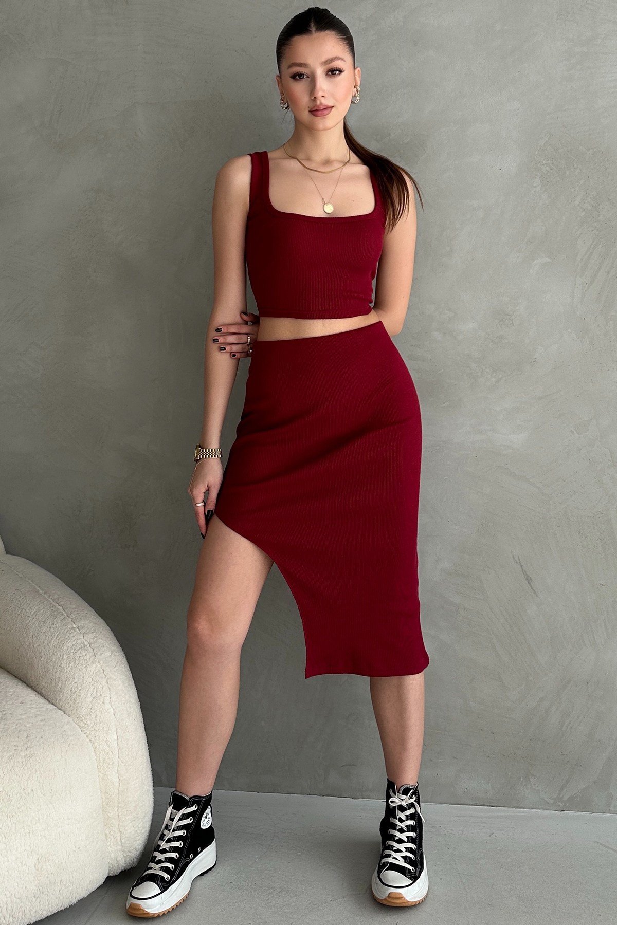 Camel Kaşkorse Crop Etek Takım