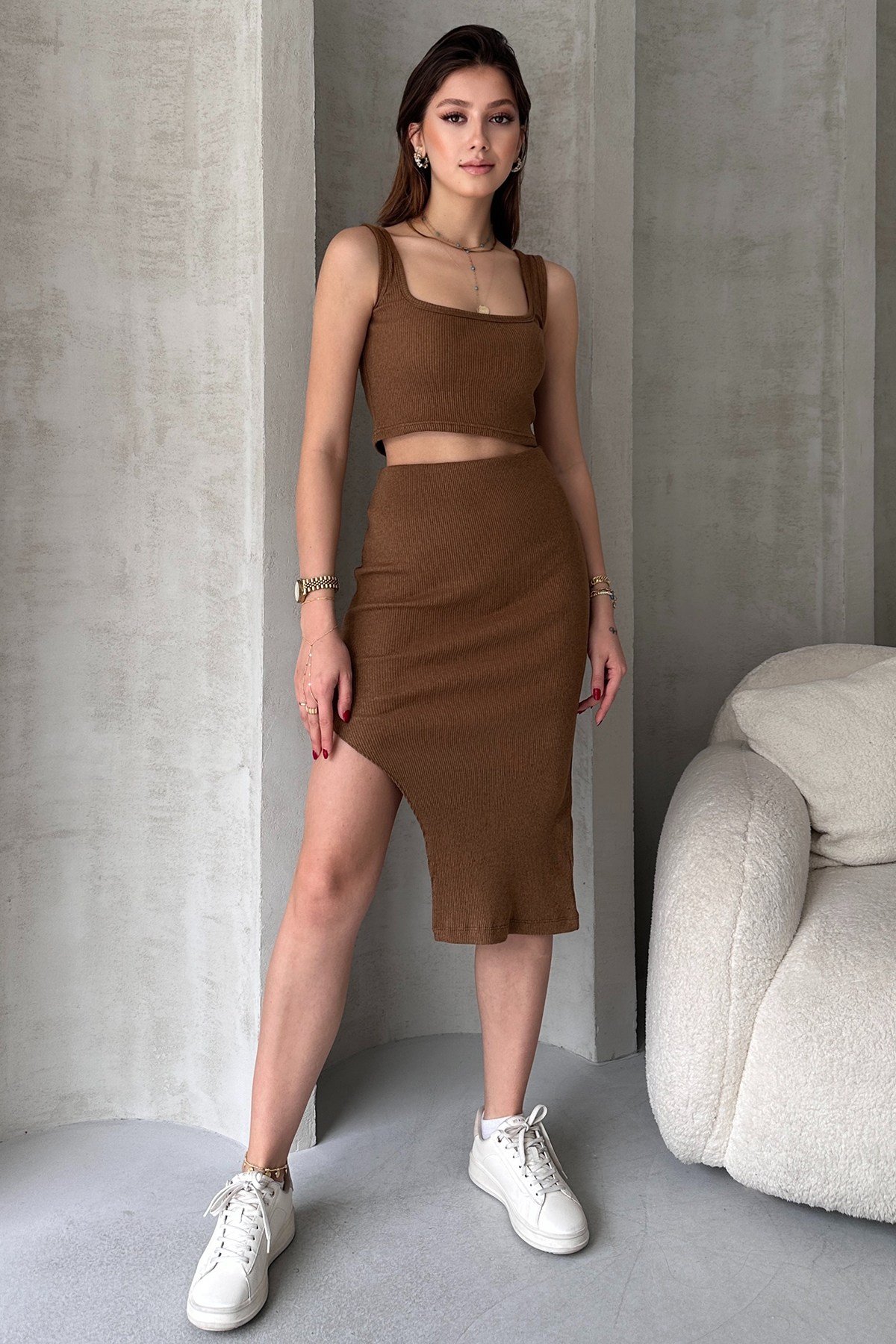 Camel Kaşkorse Crop Etek Takım