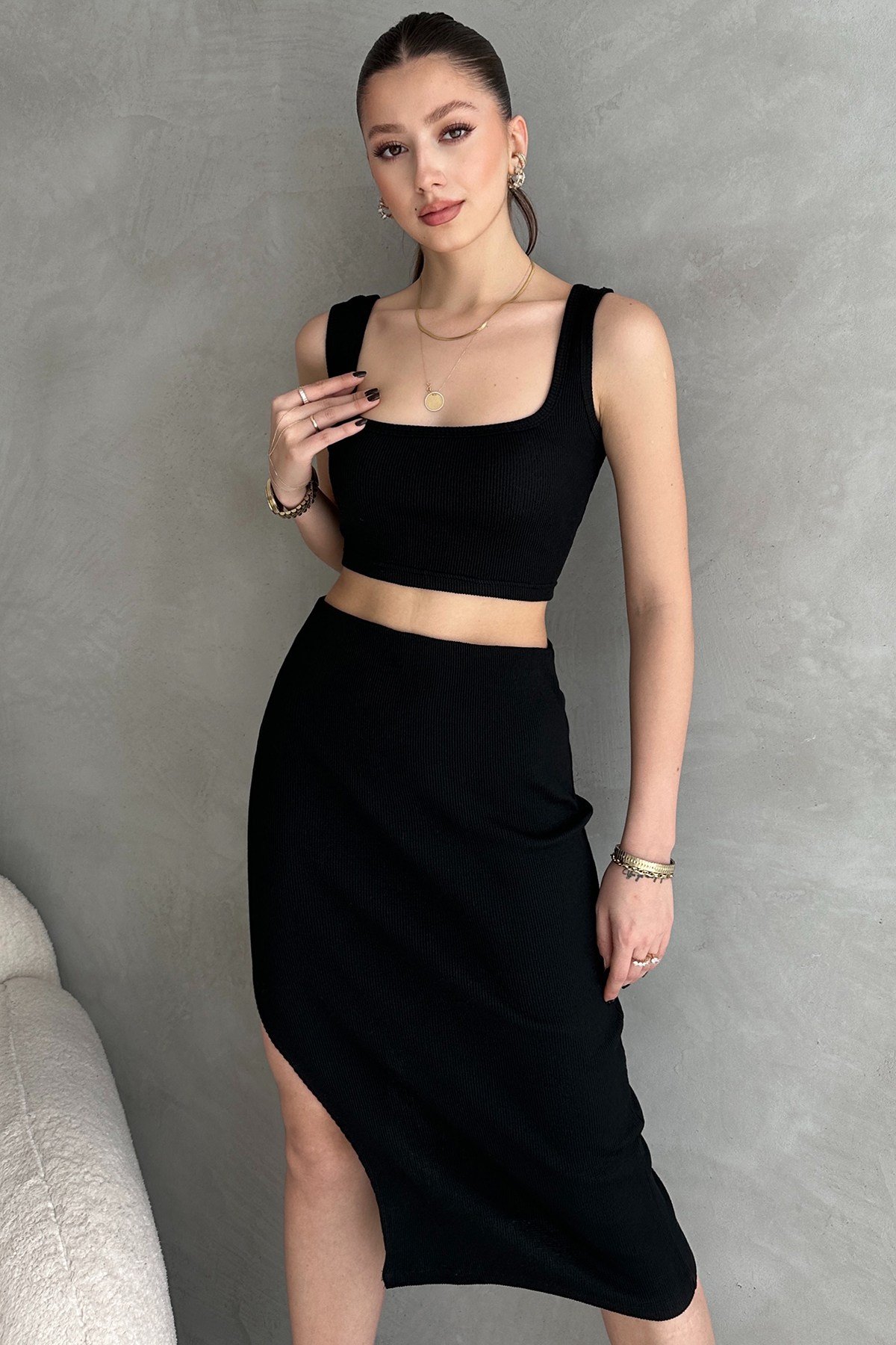 Camel Kaşkorse Crop Etek Takım