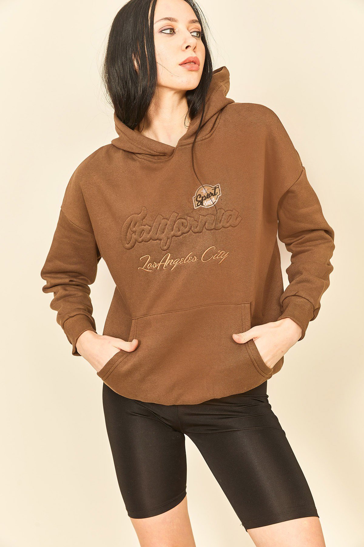 Çimen Yeşili Üç İplik Kanguru Cep Kadın Sweatshirt
