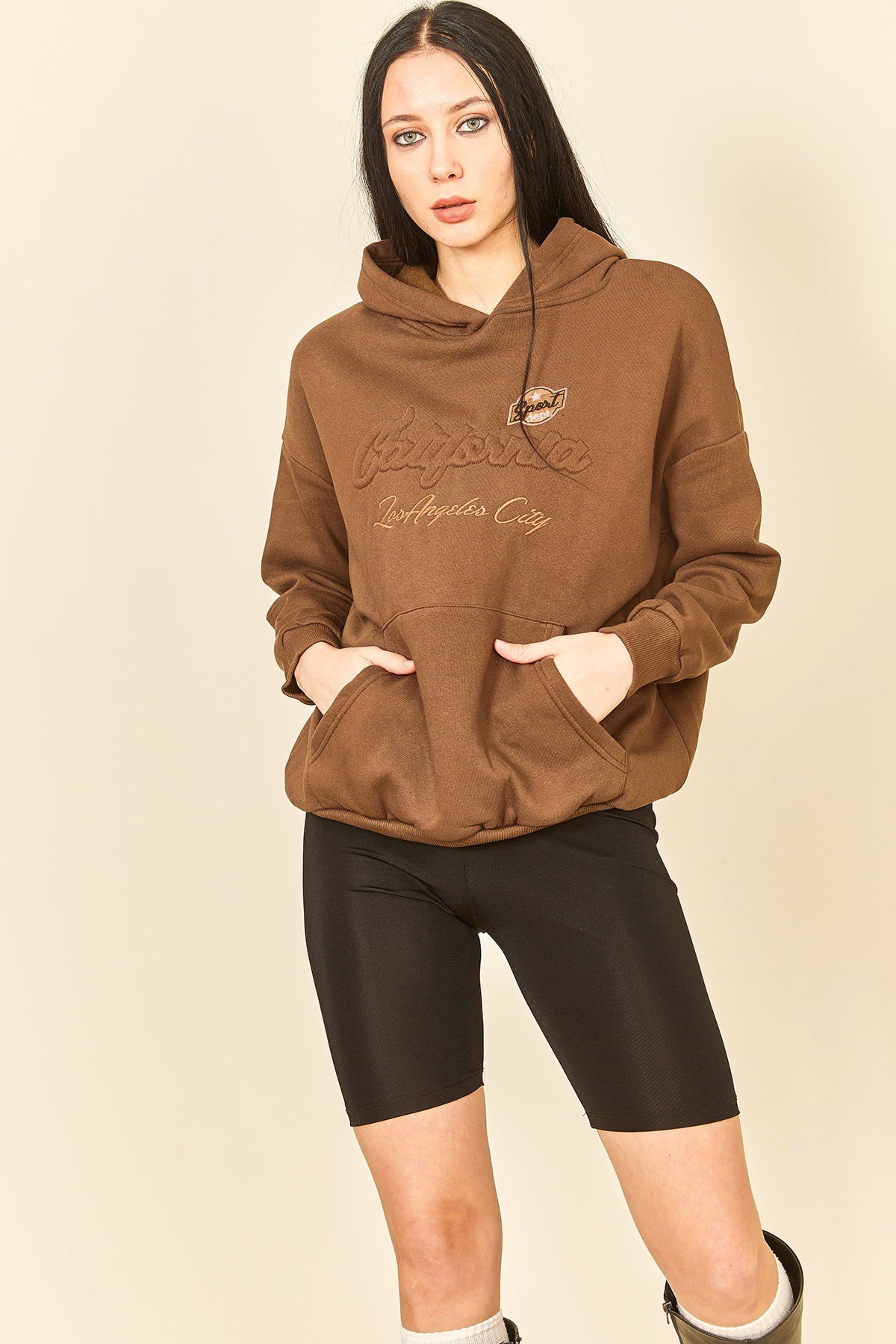 Çimen Yeşili Üç İplik Kanguru Cep Kadın Sweatshirt