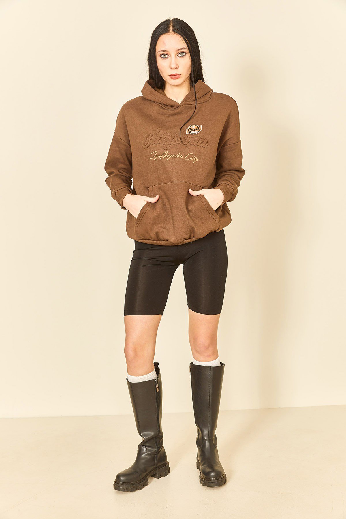 Çimen Yeşili Üç İplik Kanguru Cep Kadın Sweatshirt