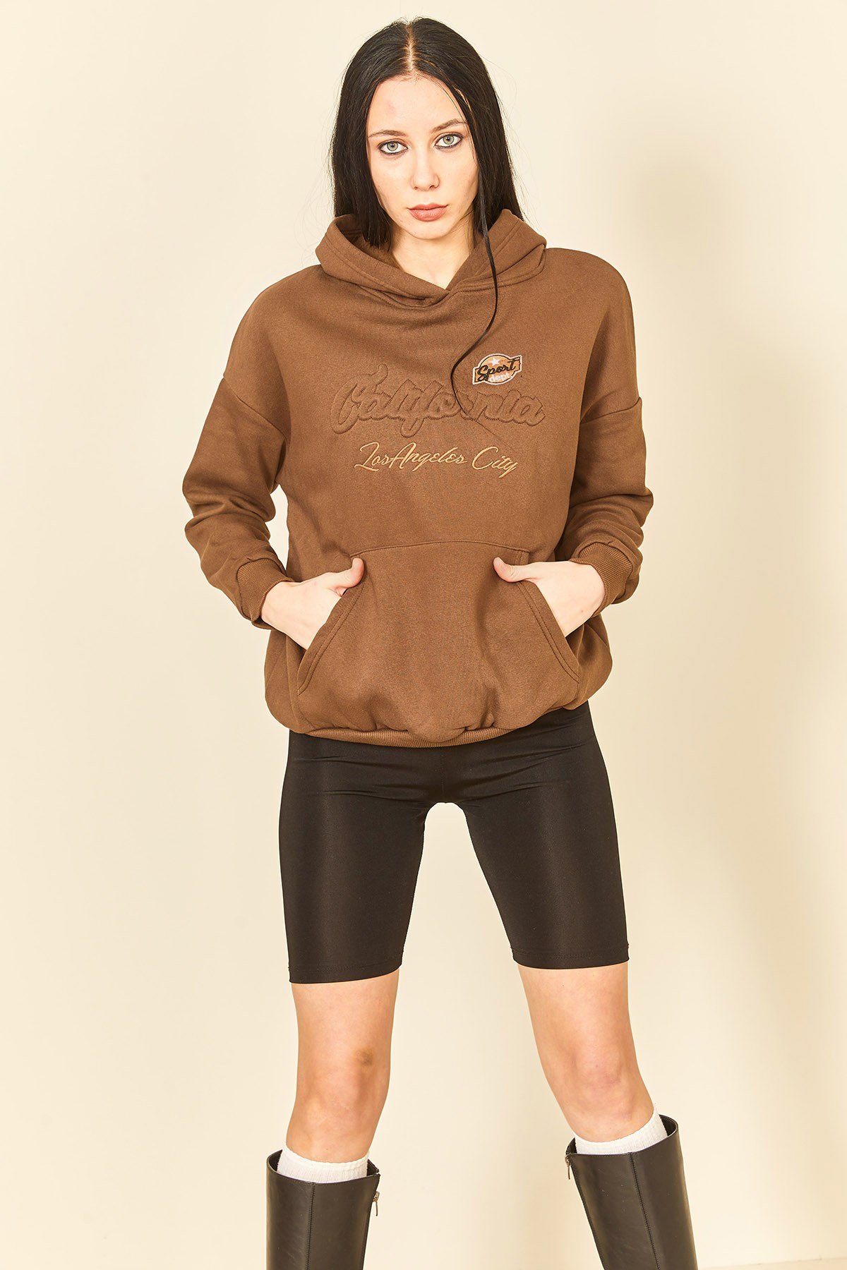 Çimen Yeşili Üç İplik Kanguru Cep Kadın Sweatshirt