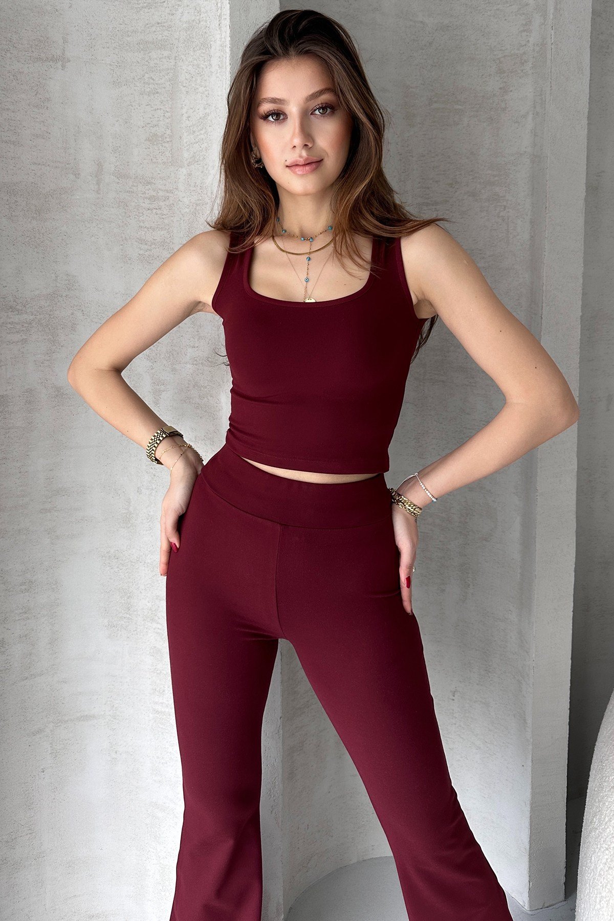 Ekru Dalgıç Kumaş Crop Pantolon İkili Takım