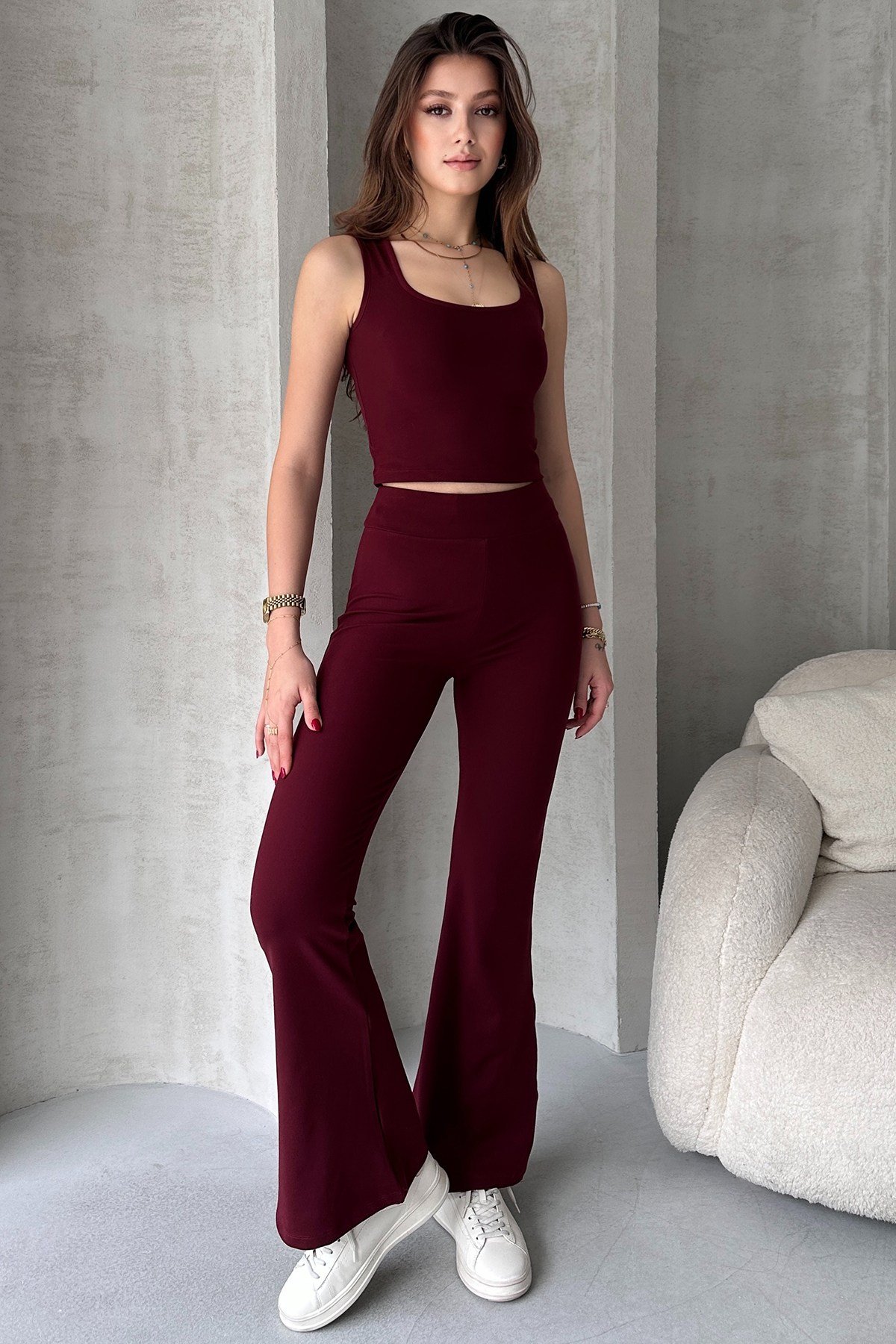 Ekru Dalgıç Kumaş Crop Pantolon İkili Takım