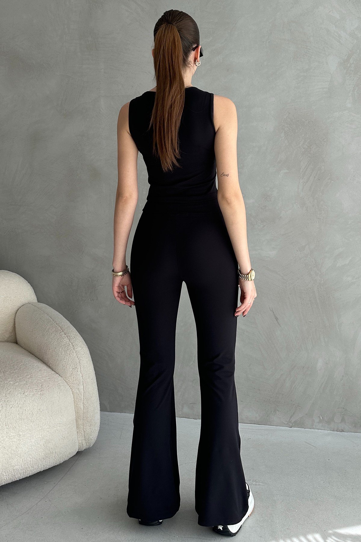Ekru Dalgıç Kumaş Crop Pantolon İkili Takım