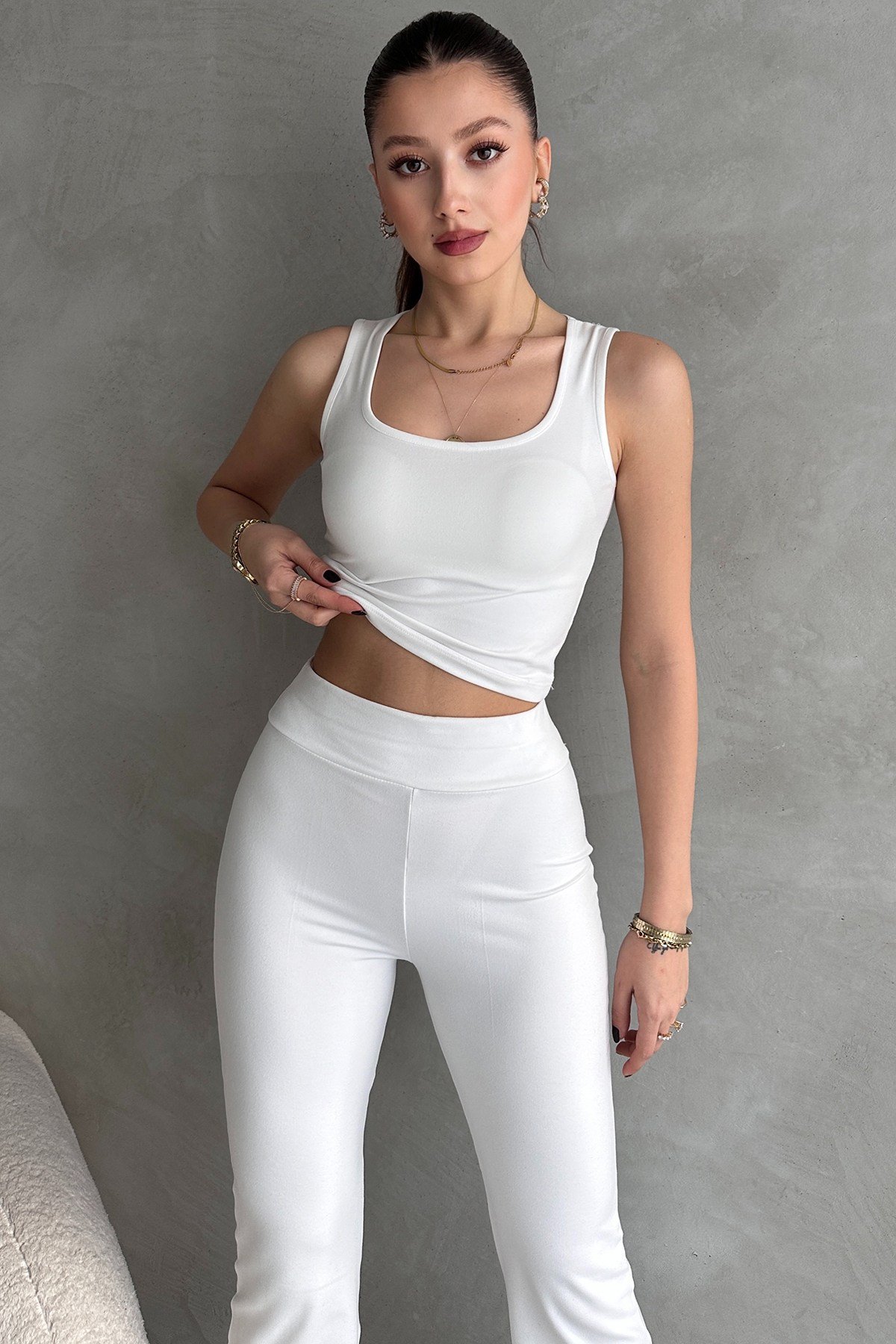 Ekru Dalgıç Kumaş Crop Pantolon İkili Takım