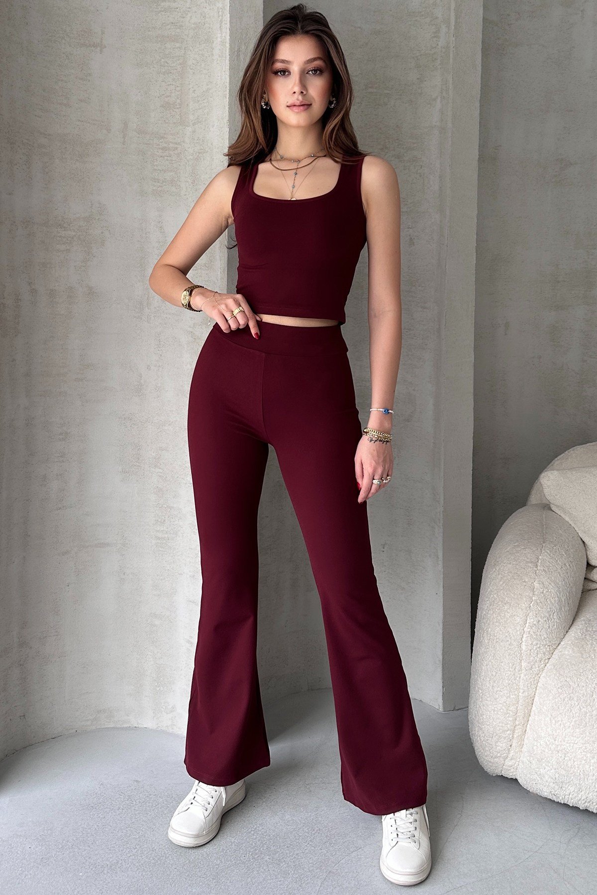 Ekru Dalgıç Kumaş Crop Pantolon İkili Takım