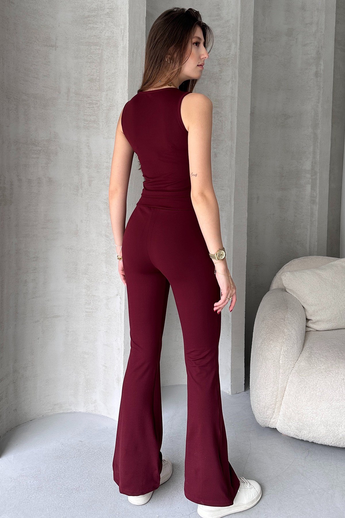 Ekru Dalgıç Kumaş Crop Pantolon İkili Takım