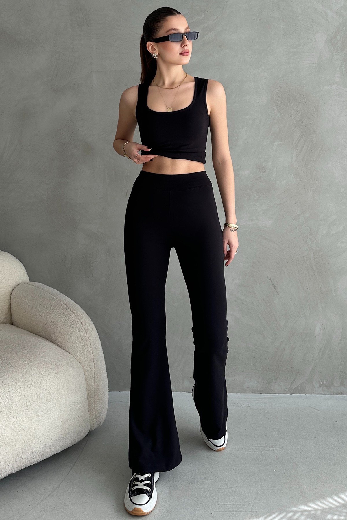 Ekru Dalgıç Kumaş Crop Pantolon İkili Takım