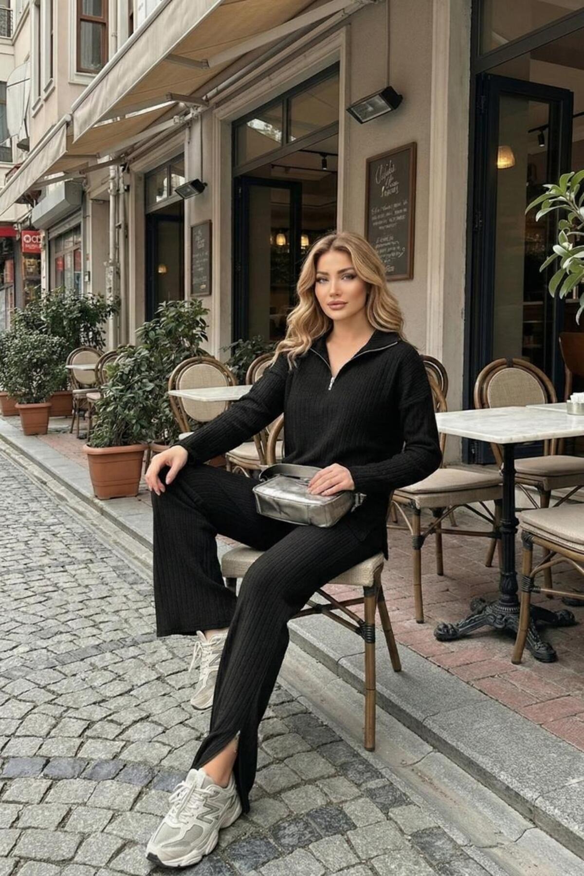 Fermuar Detaylı İnce Şardonlu Kadın İkili Takım