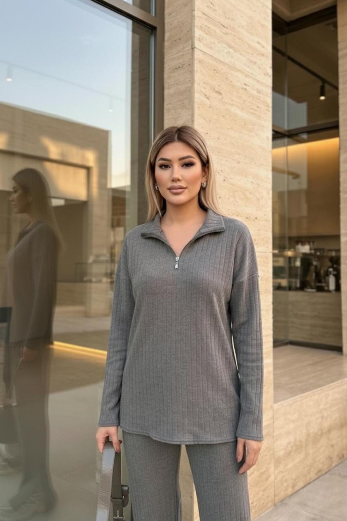 Fermuar Detaylı İnce Şardonlu Kadın İkili Takım