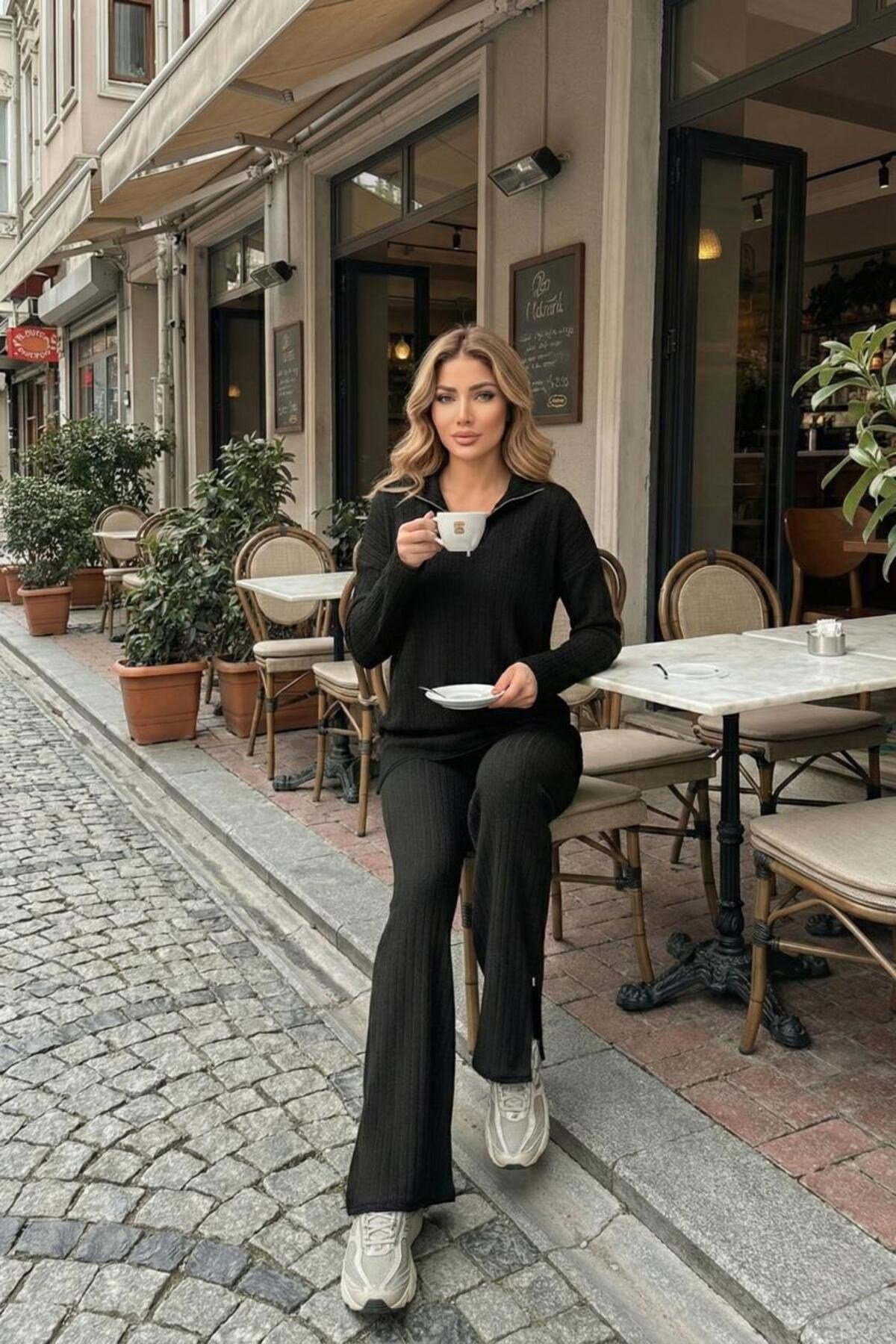 Fermuar Detaylı İnce Şardonlu Kadın İkili Takım