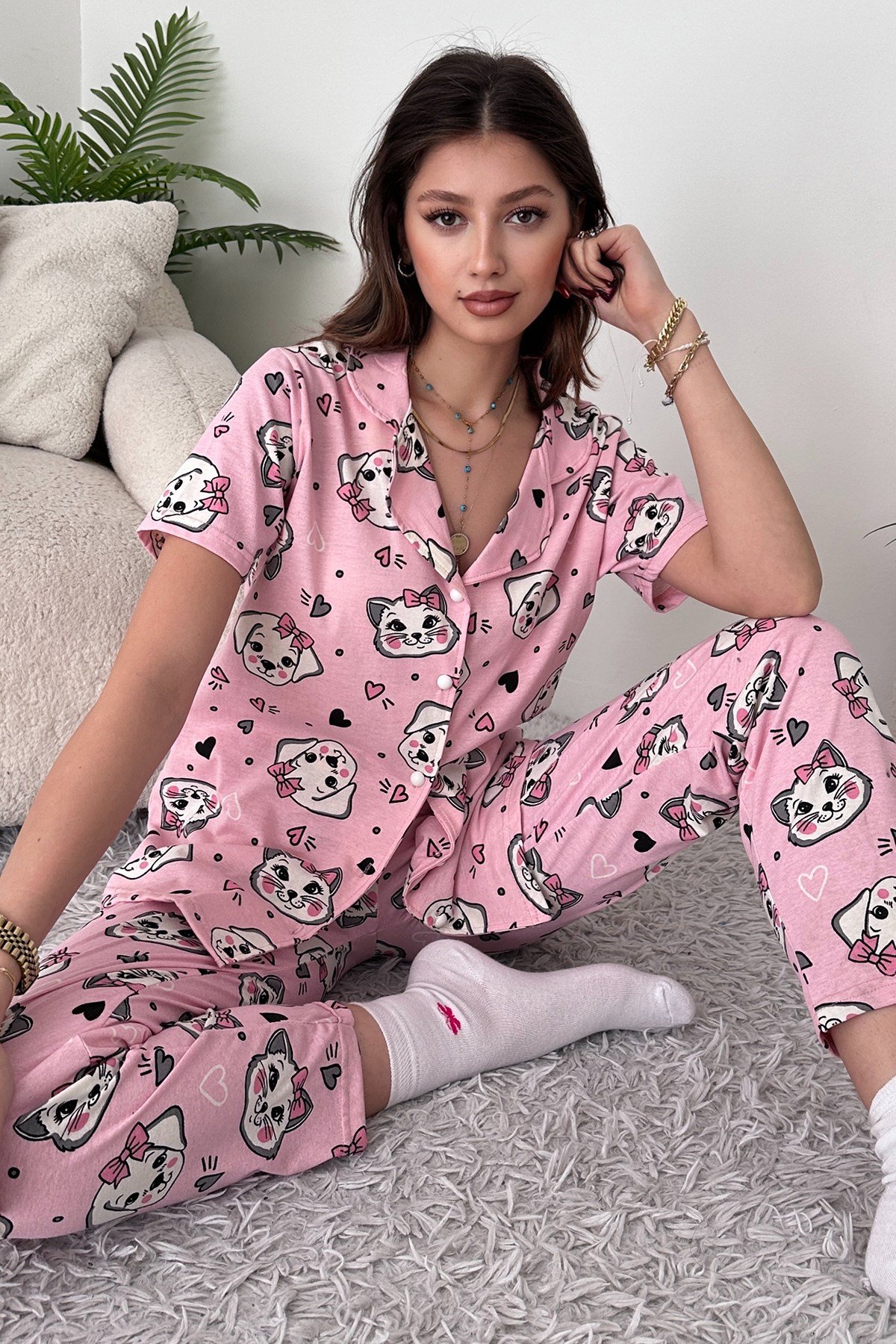Gri Pamuklu Kadın Pijama Takımı