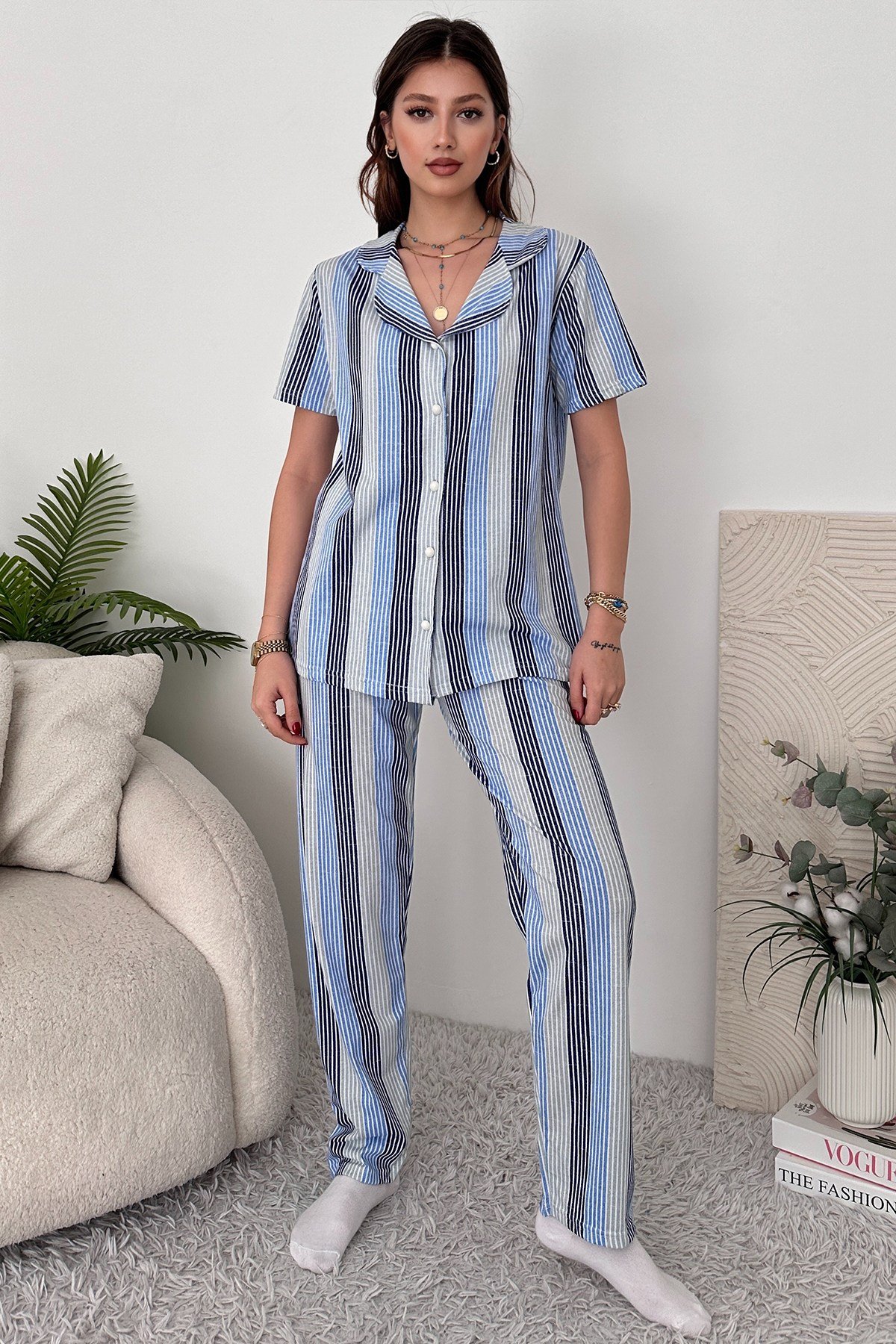 Gri Pamuklu Kadın Pijama Takımı