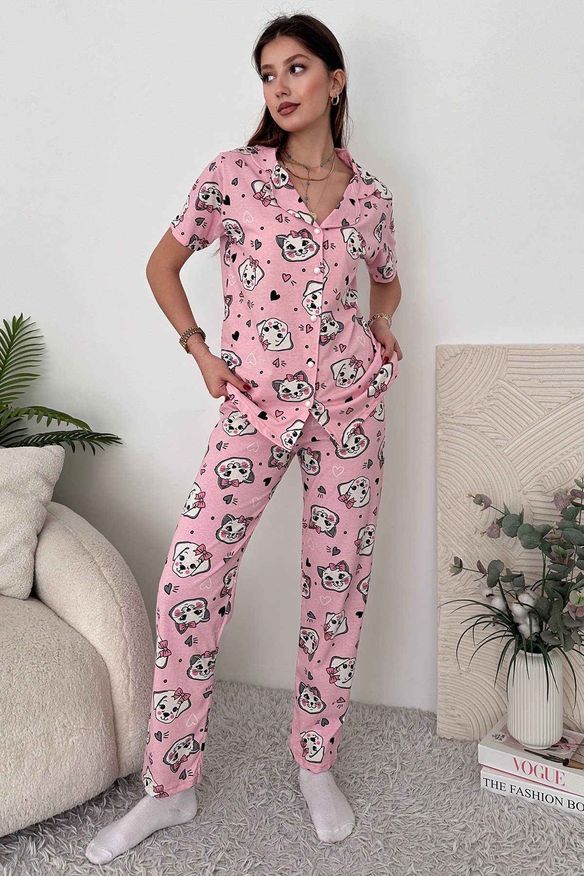 Gri Pamuklu Kadın Pijama Takımı