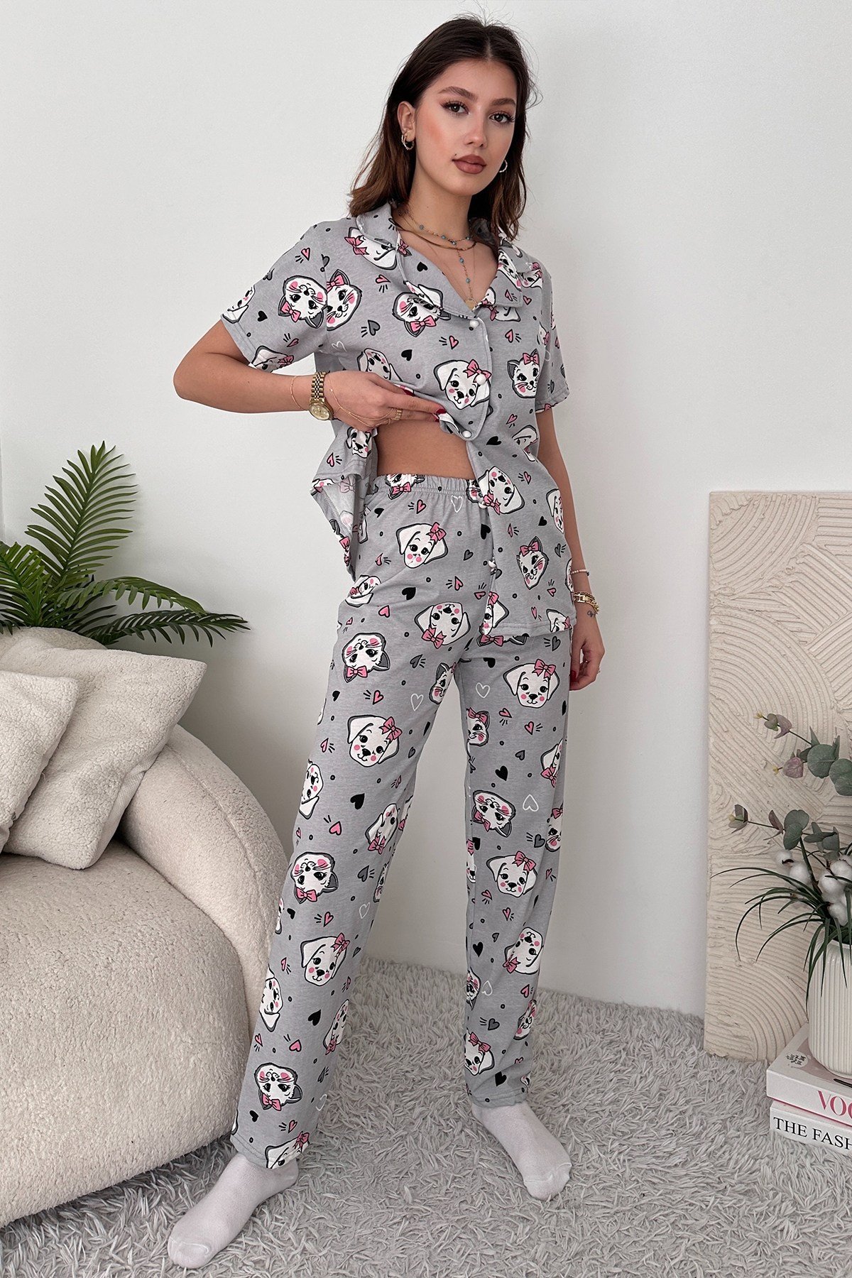 Gri Pamuklu Kadın Pijama Takımı