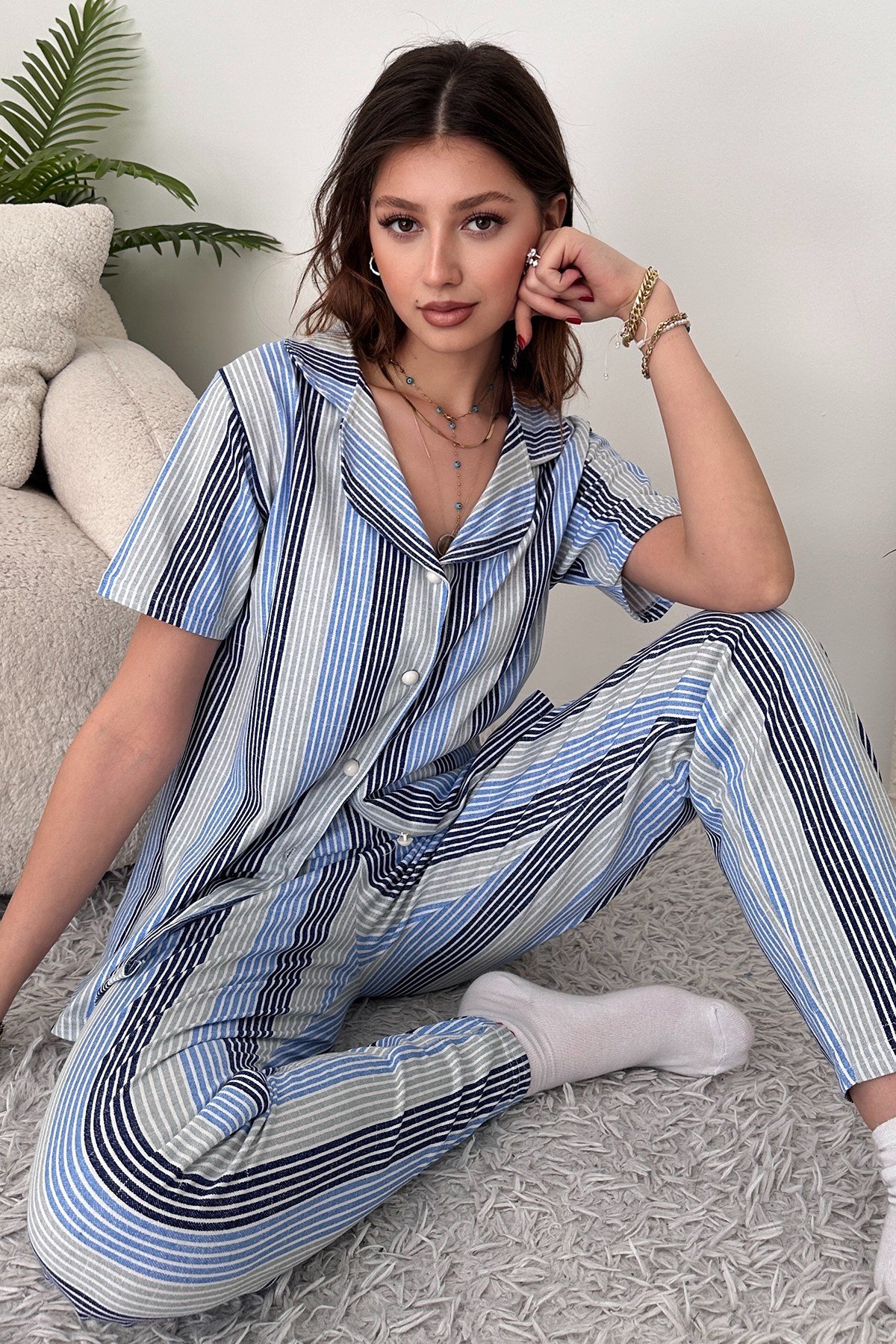 Gri Pamuklu Kadın Pijama Takımı