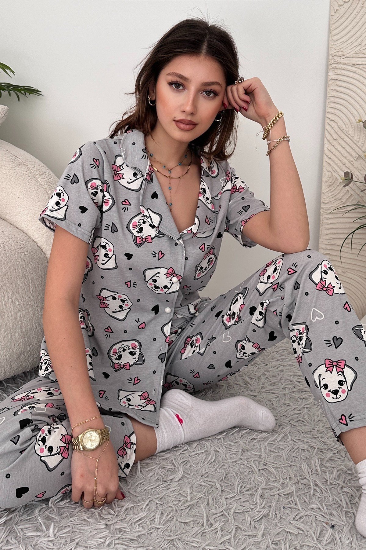 Gri Pamuklu Kadın Pijama Takımı