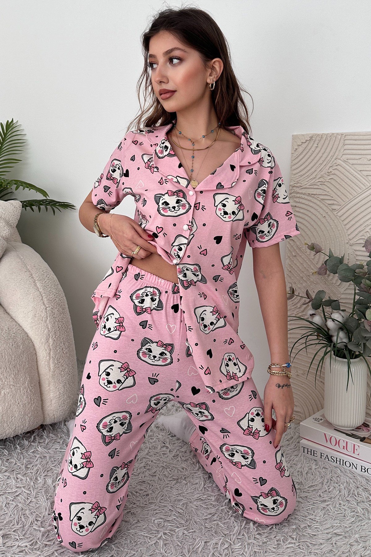 Gri Pamuklu Kadın Pijama Takımı