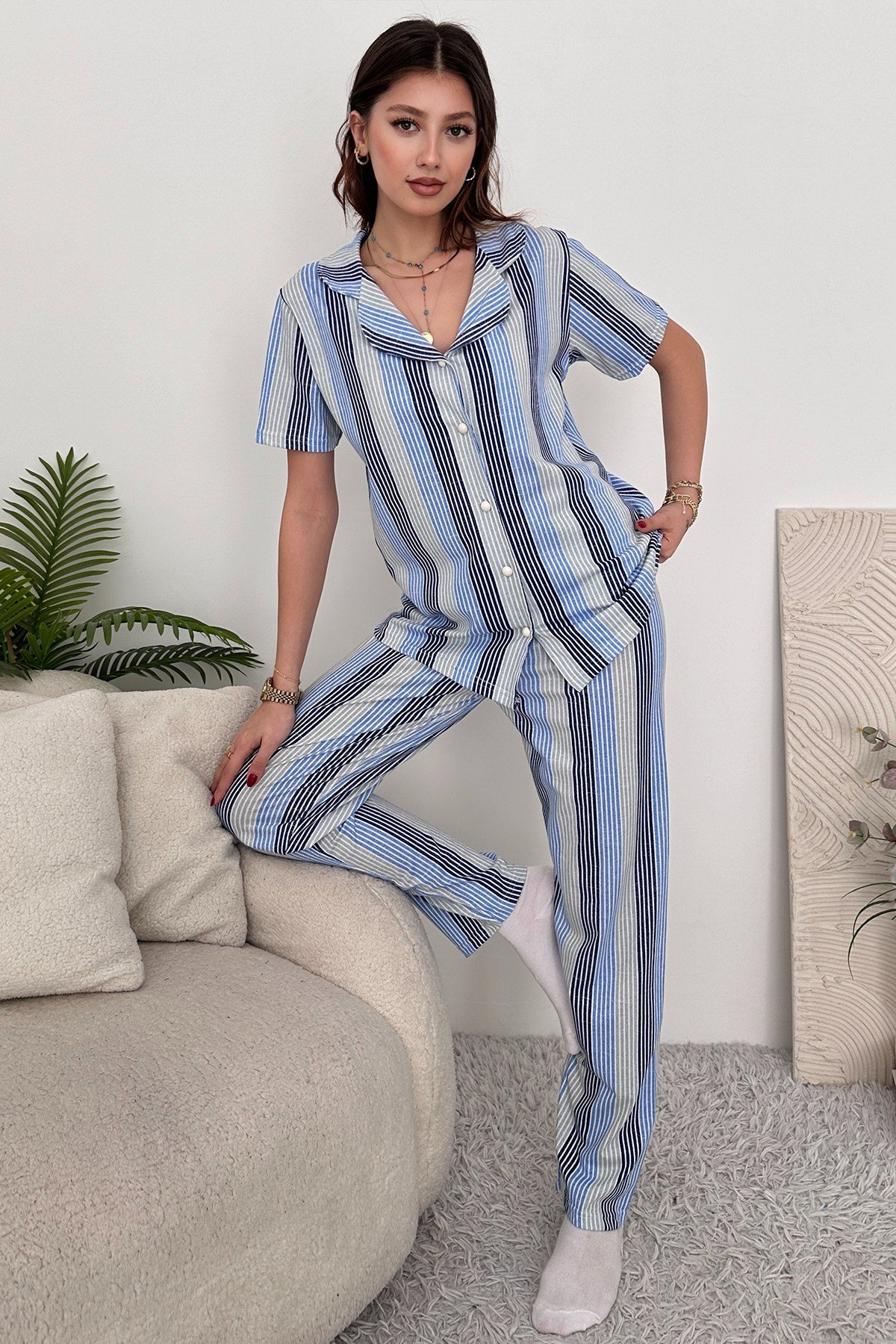 Gri Pamuklu Kadın Pijama Takımı